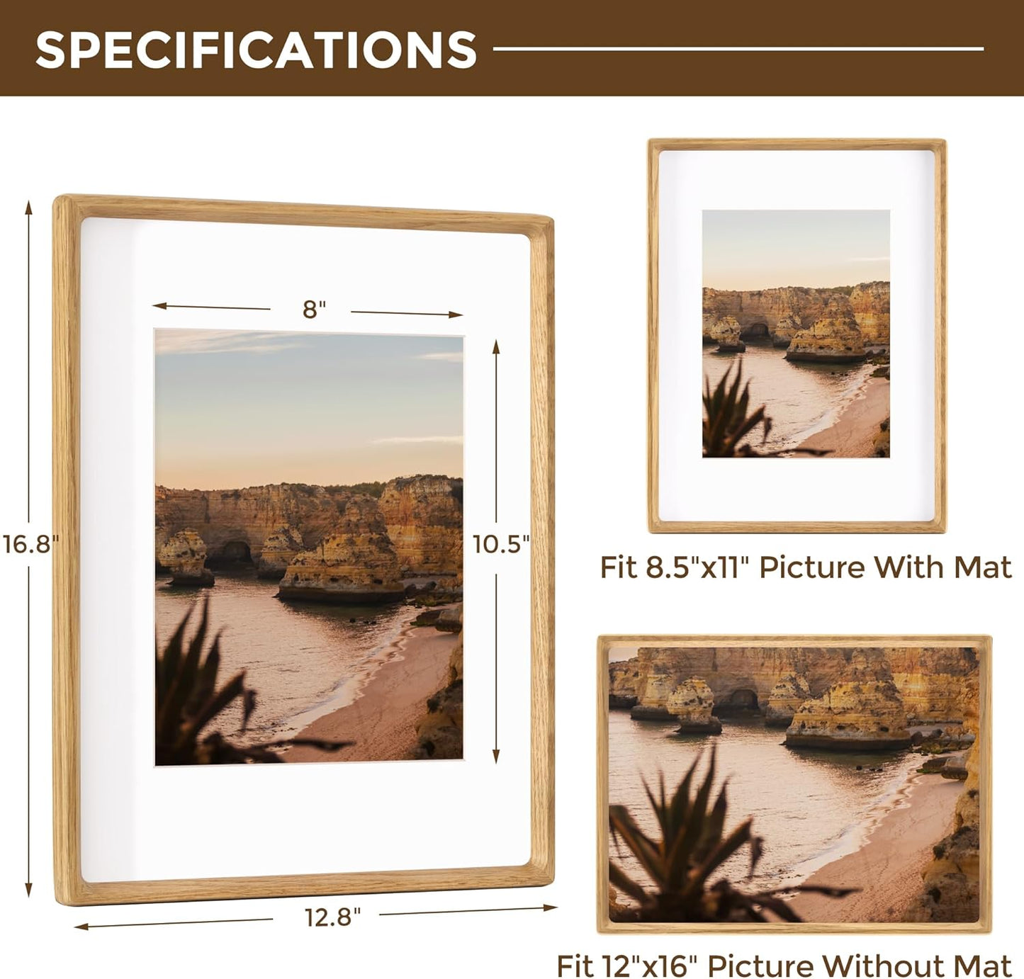 12x16 Frame USA-Sourced Natural Oak Wood Solid Wood Photo Frame Handcrafted Rounded Corner with Mat to 8.5x11 Picture Frame Display with Real Glass Family Picture, Wedding Photo, Certificate