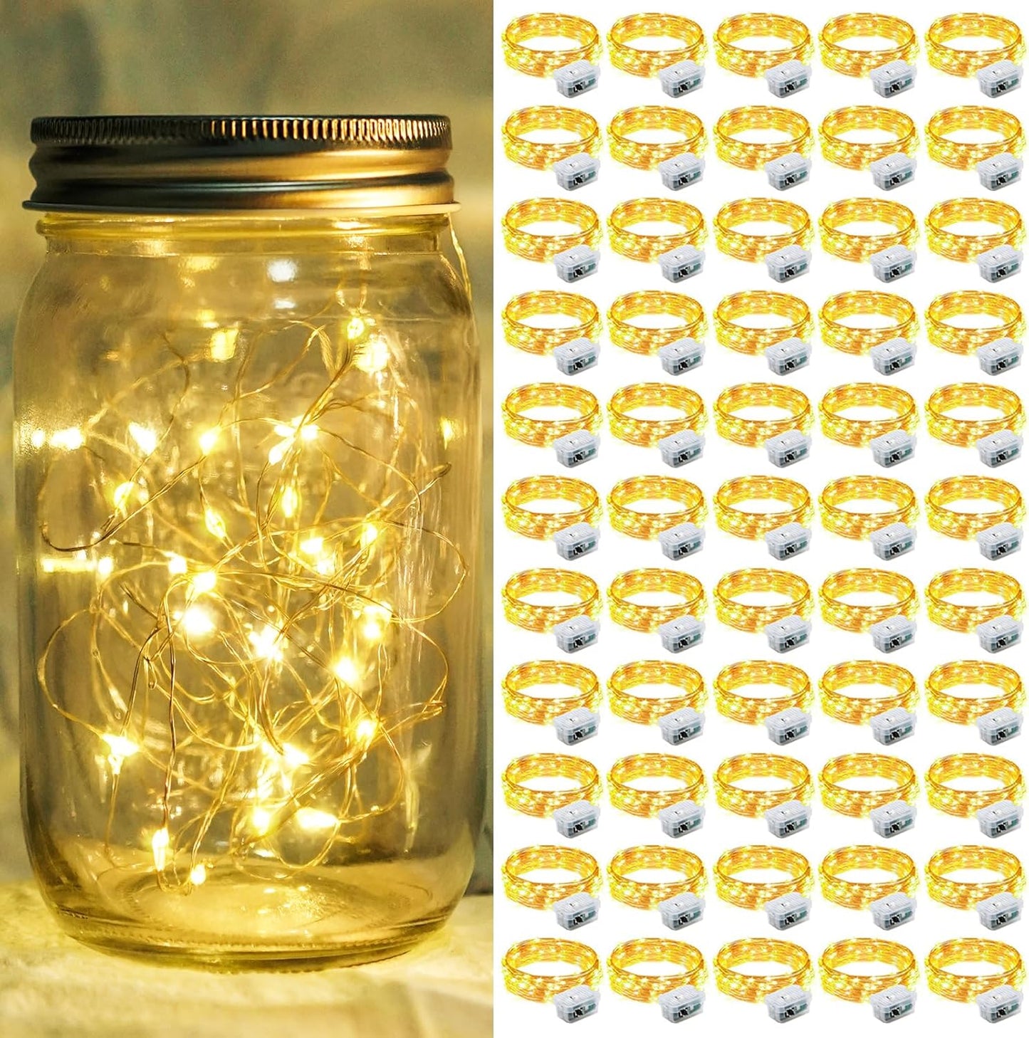 50 Pack Fairy Lights 7Ft 20 LED Twinkle String Lights 3 Modes Battery Operated Waterproof Firefly Starry for Mason Jar Party Wedding Christmas Valentines Day Table Centerpieces,Warm White