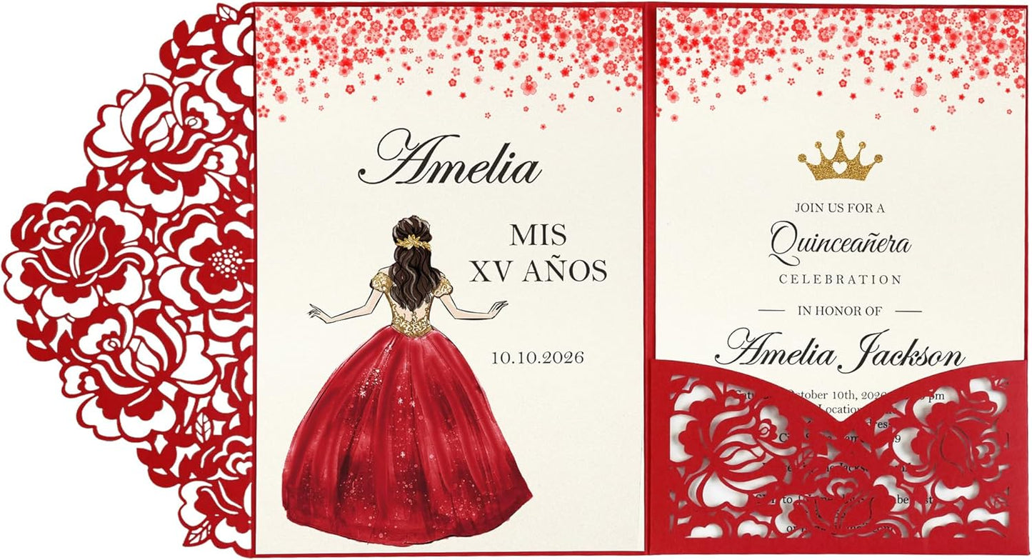 DORIS HOME 50pcs Laser Cut Quinceanera Invitation Pockets with Envelopes Red, 5.12" x 7.12"Invitation Cards for Birthday, Miss 15, Sweet 16 (No Inserts Included)