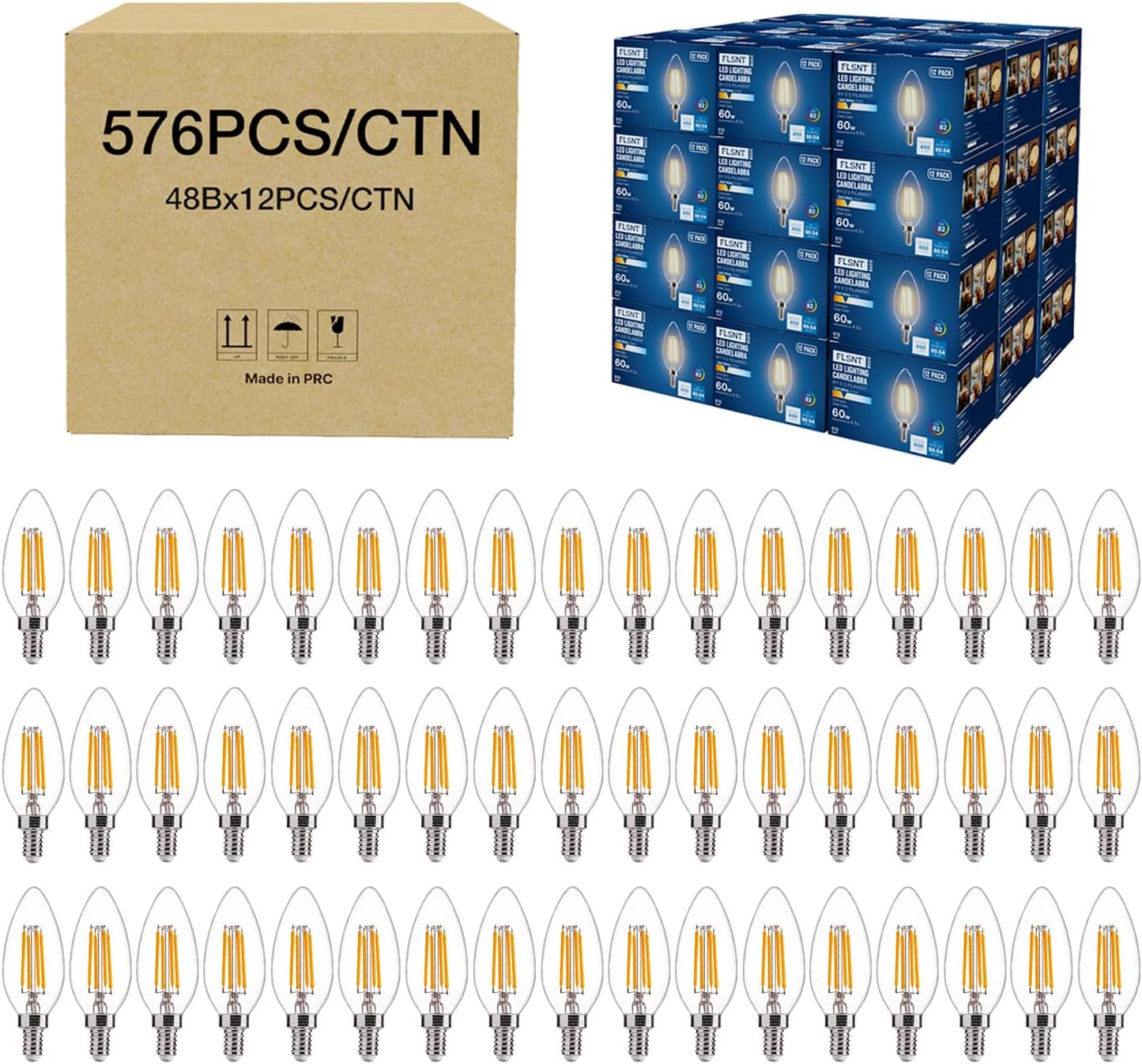 FLSNT 576 Pack B11 E12 LED Candelabra Bulbs, 60W Equivalent Dimmable Chandelier Light Bulbs, 2700K Soft White, 82 CRI, UL & CA65 Listed, Energy Saving Candle Bulbs for Wholesale Projects