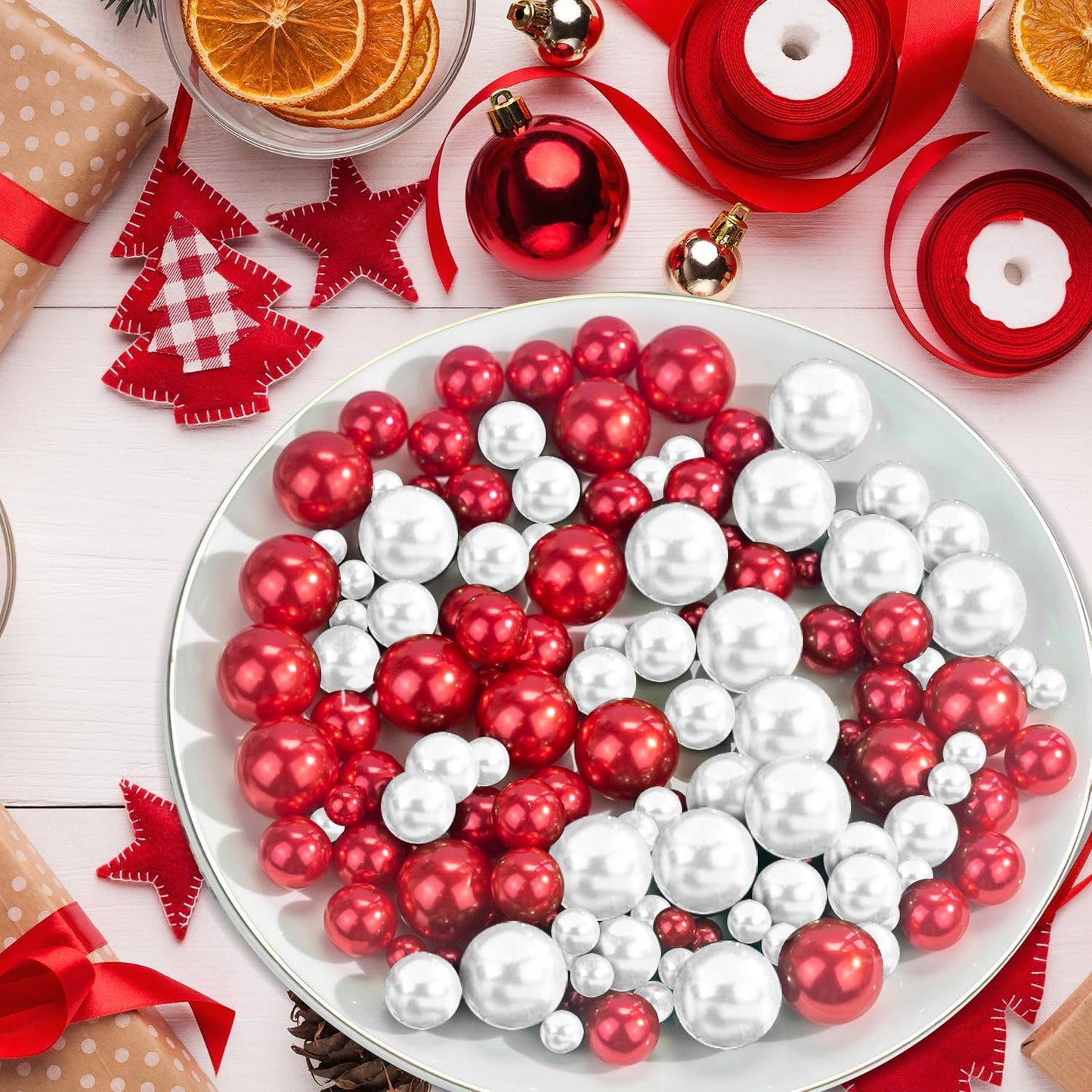 150Pcs Red&White Polished No Hole Pearl Beads Vase Filler, Christmas Vase Filling Decorations, Plastic Pearls, Table Scatters, Wedding Home Decor, 8/14/20 mm