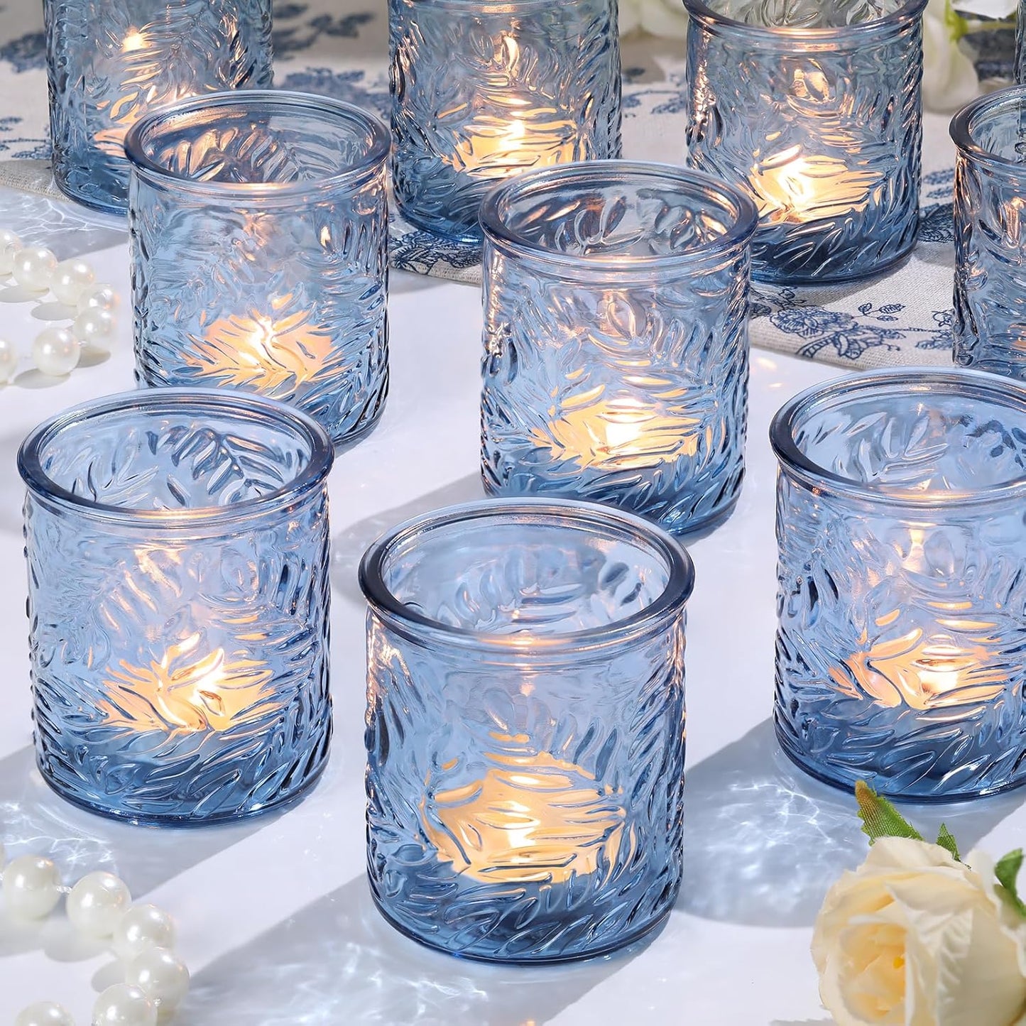 24 pcs Blue Votive Candle Holders, Tea Light Candle Holder for Wedding Centerpieces, Glass Candle Holders for Baby Shower Home Bridal Decoration Table Decor