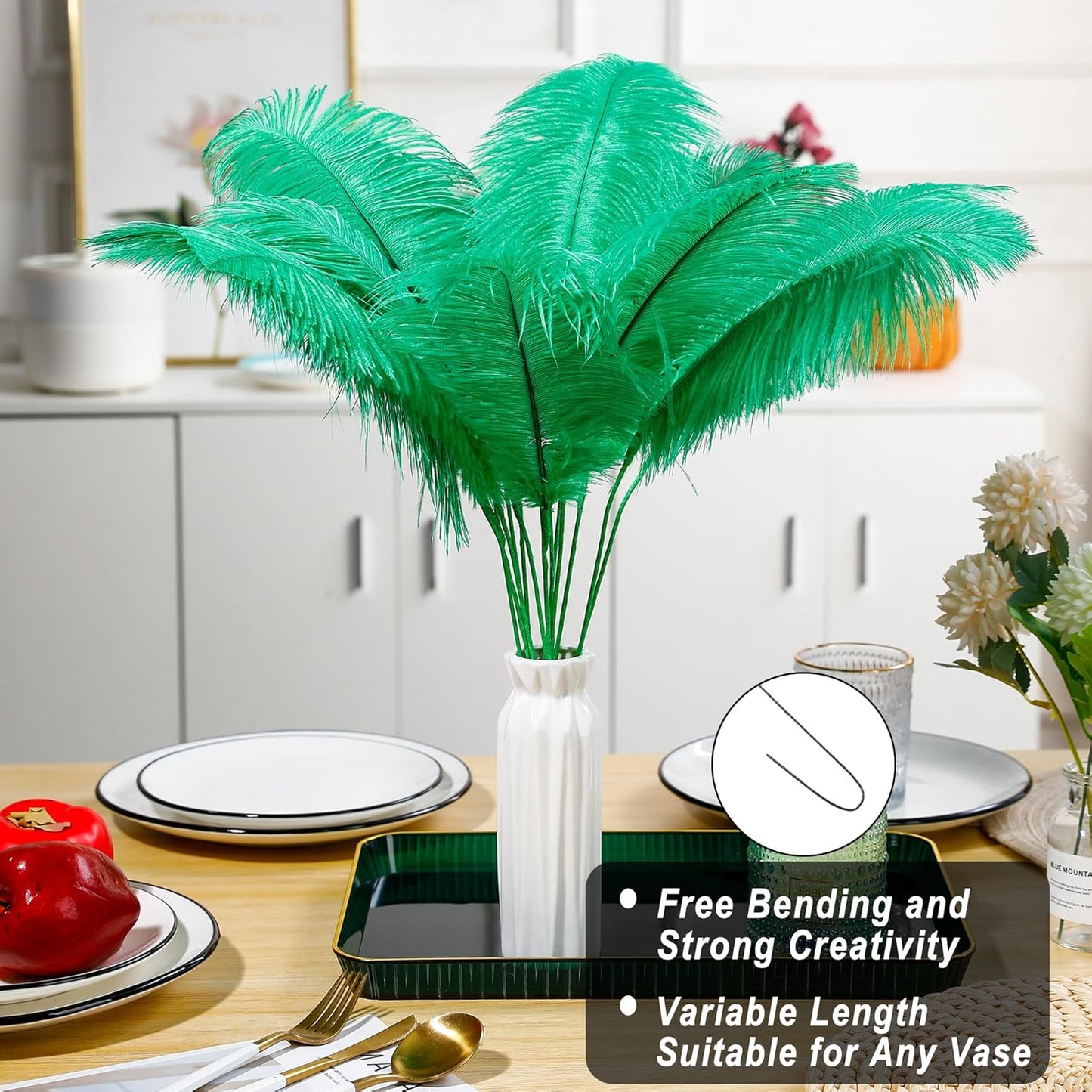 Holmgren Natural Green Ostrich Feather - 20pcs Making Kit 22 Inch Large Ostrich Feathers for Vase, Floral Arrangement, Wedding Party Centerpieces Home Decorations (Green)