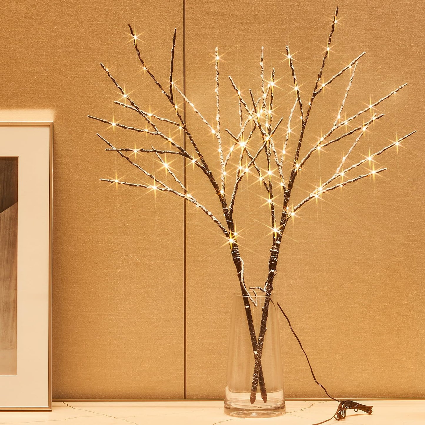 Fudios Lighted Branches Snow Dusted with Timer 100 LED 32IN, Artificial Tree Branch with Lights for Home Bedroom Fireplace Mantle Christmas Holiday Decoration