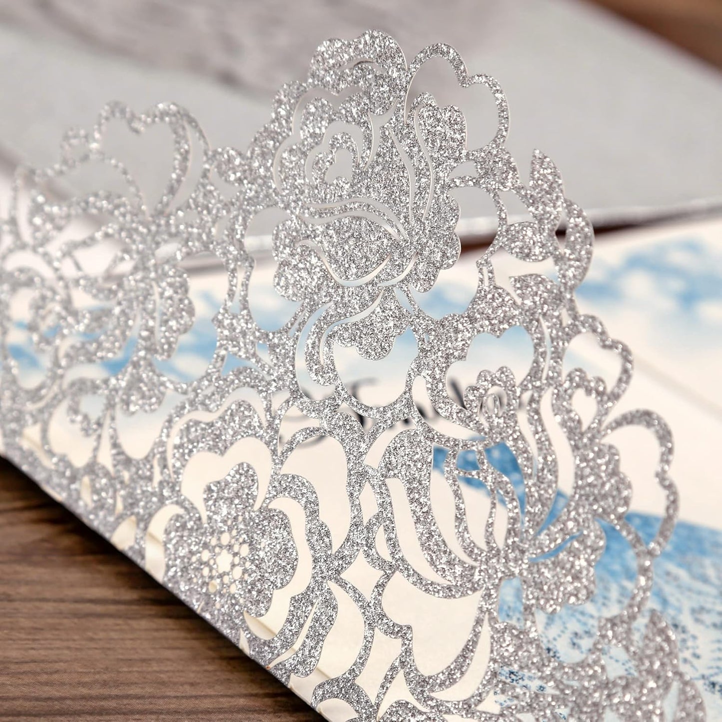 DORIS HOME 50pcs Laser Cut Quinceanera Invitations Silver Glitter, 4.7x7.1 Personalized Quince Invitations for 15th Birthday, Invitation cards for Sweet 16 with Envelopes