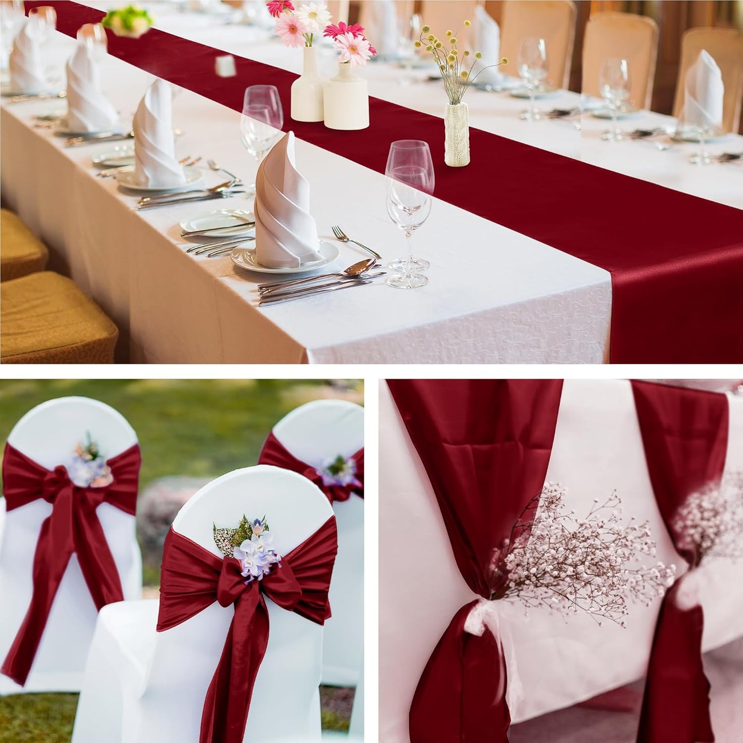 Aneco 16 Pack Satin Table Runner 12 x 108 Inch Burgundy Long Wedding Satin Silk Table Runner for Wedding Banquet Graduations Birthday Party Decoration