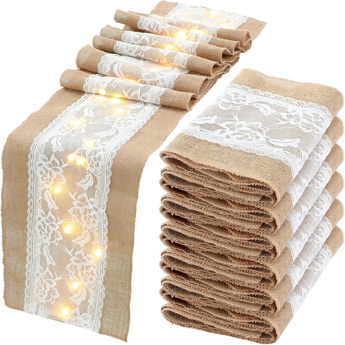 Xinnun 6 Pack Burlap Table Runner with LED String Lights, Modern Rustic Lace Natural Vintage Boho Jute Wedding Table Decor for Farmhouse Thanksgiving Christmas(Wedding Lace LED,12x108 Inches)