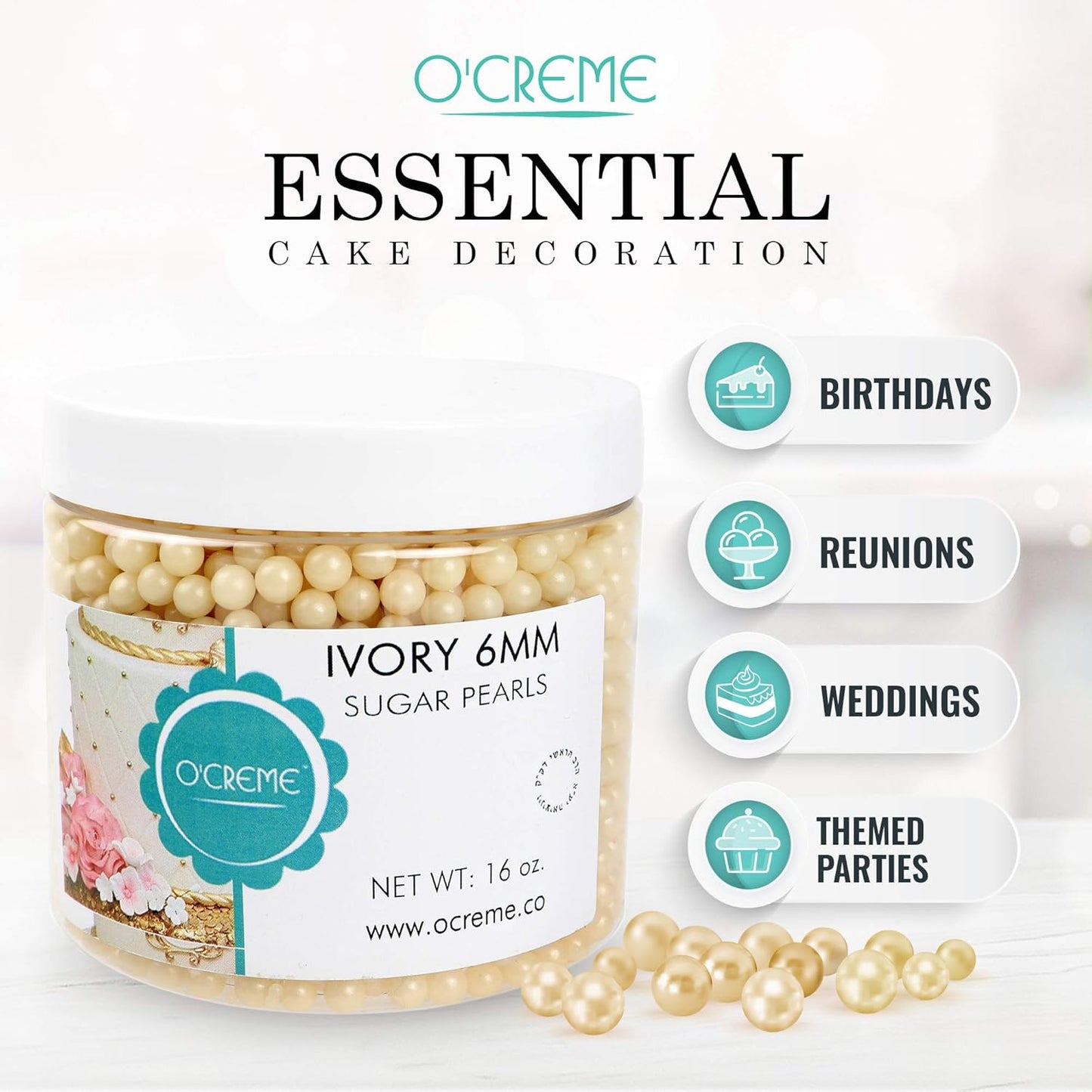 O'Creme Ivory Edible Sugar Pearls Cake Decorating Supplies for Bakers: Cookie, Cupcake & Icing Toppings, Beads Sprinkles For Baking, Certified, Candy Sugar Ball Accents (6mm, 8 Oz)