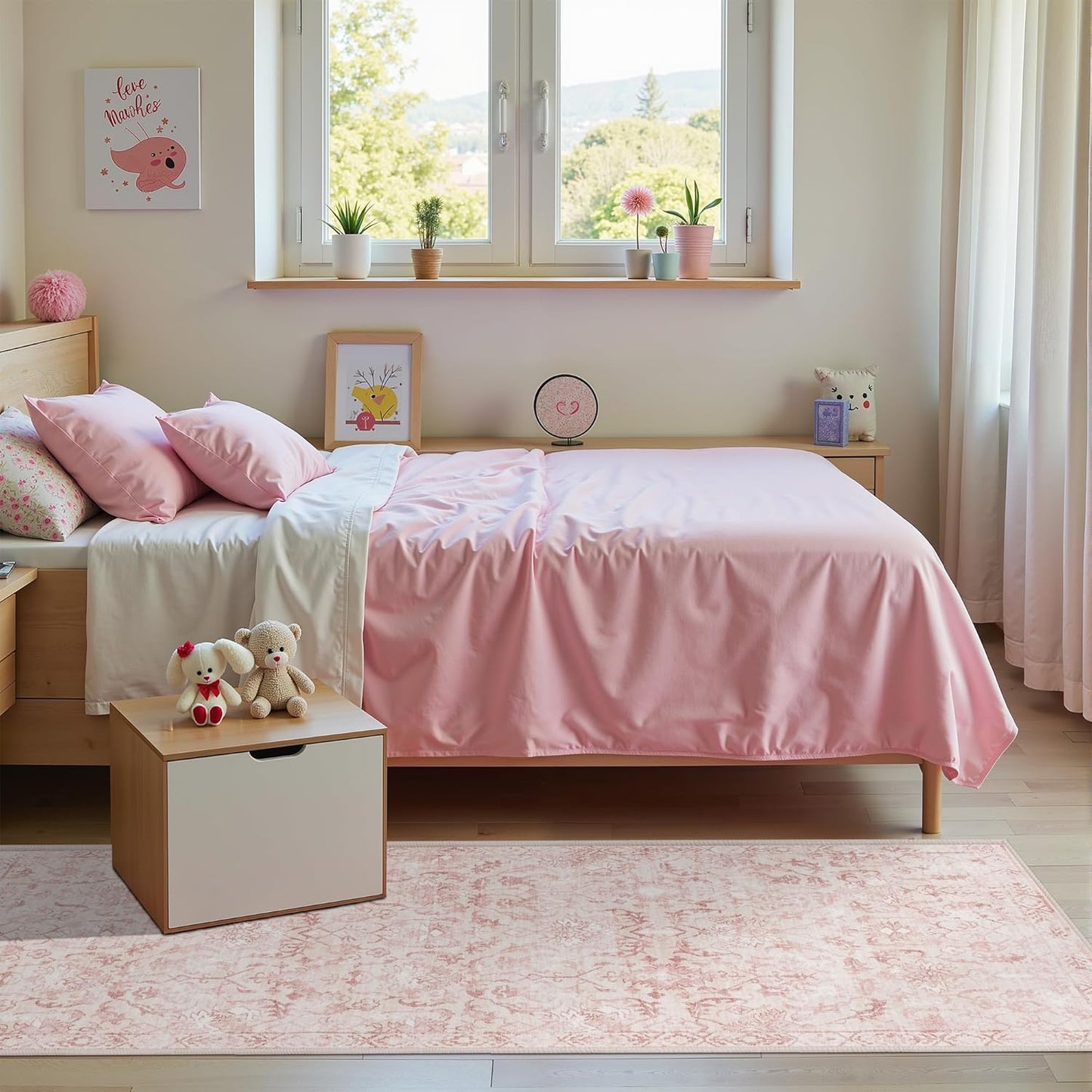 Pink 3x7 Runner Rug for Hallways Bed Side Kitchen, Boho Washable Distressed Low-Pile Floor Entryway Long Bathroom Mat, Non-Slip Laundry Room Washstand Front Carpet Green 36x84 Inch