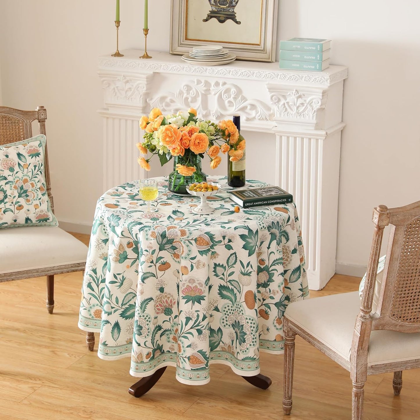patdrea Designer Green French Table Cloth for Round Table,Vintage Italian Floral Country Linen Breathable Tablecloth,Cover for Kitchen Dining,Christmas,Thanksgiving,Diameter 67"-Tree Life