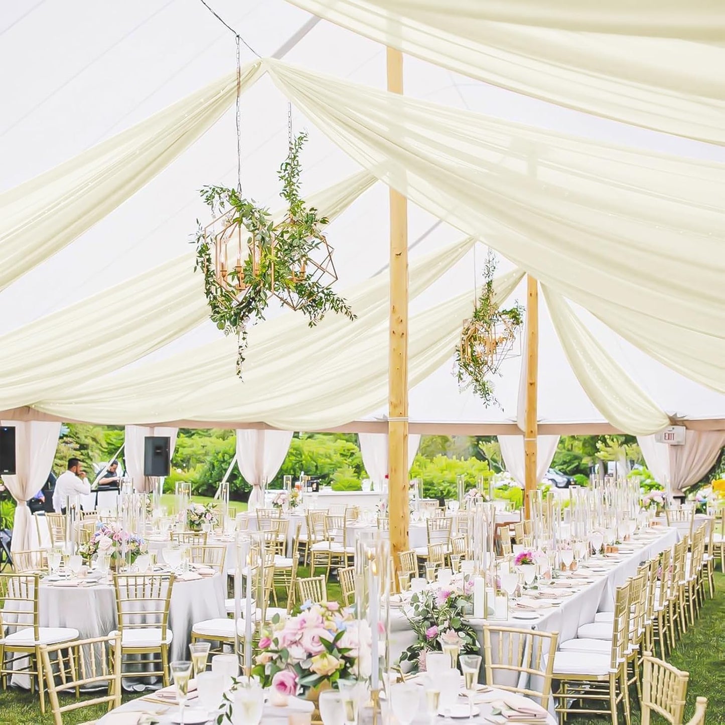 6 Panels Ivory Ceiling Drapes for Wedding 5ftx30ft Sheer Drapery Chiffon Fabric Arch Draping Curtains for Party Ceremony Birthday Baby Shower Reception Stage Ceiling Decorations