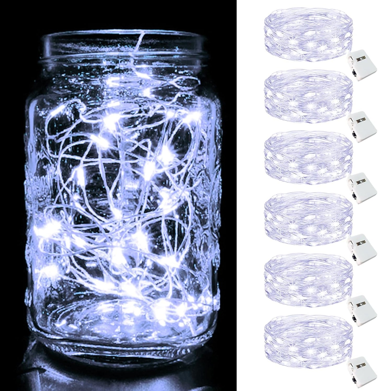 btfarm 6 Pack Fairy Lights Battery Operated [3 Modes], 7ft 20 Led Twinkle Lights String Lights Waterproof Bulk Small Mini Silver Wire for Christmas Mason Jars Wedding Table Centerpiece, Cool White