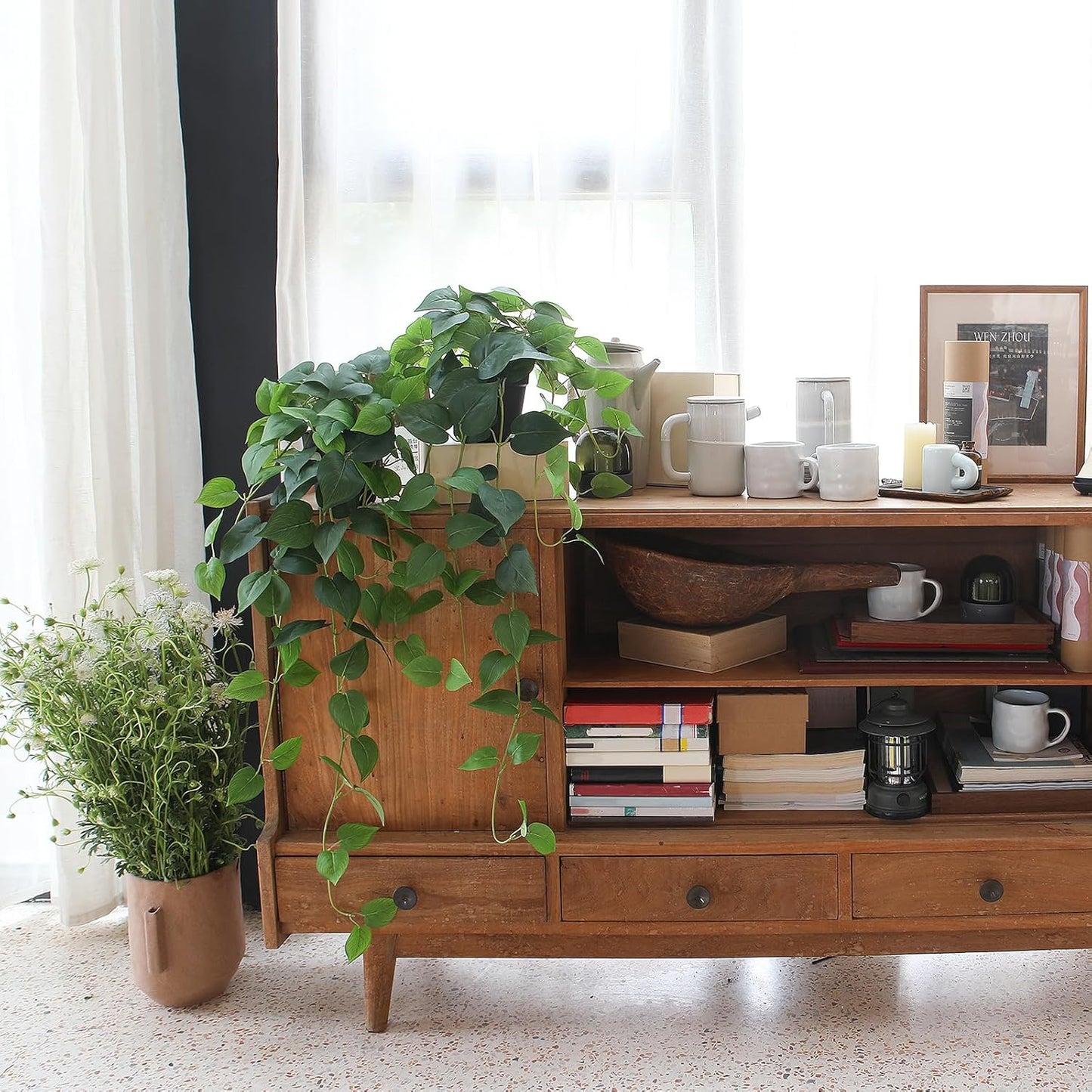 Fake Pothos Hanging Plants – 33" Set of 2 Faux Ivy Vines with Pots, Realistic Silk Devil’s Ivy for Indoor Décor, Low Maintenance Artificial Greenery for Home or Office (Green)