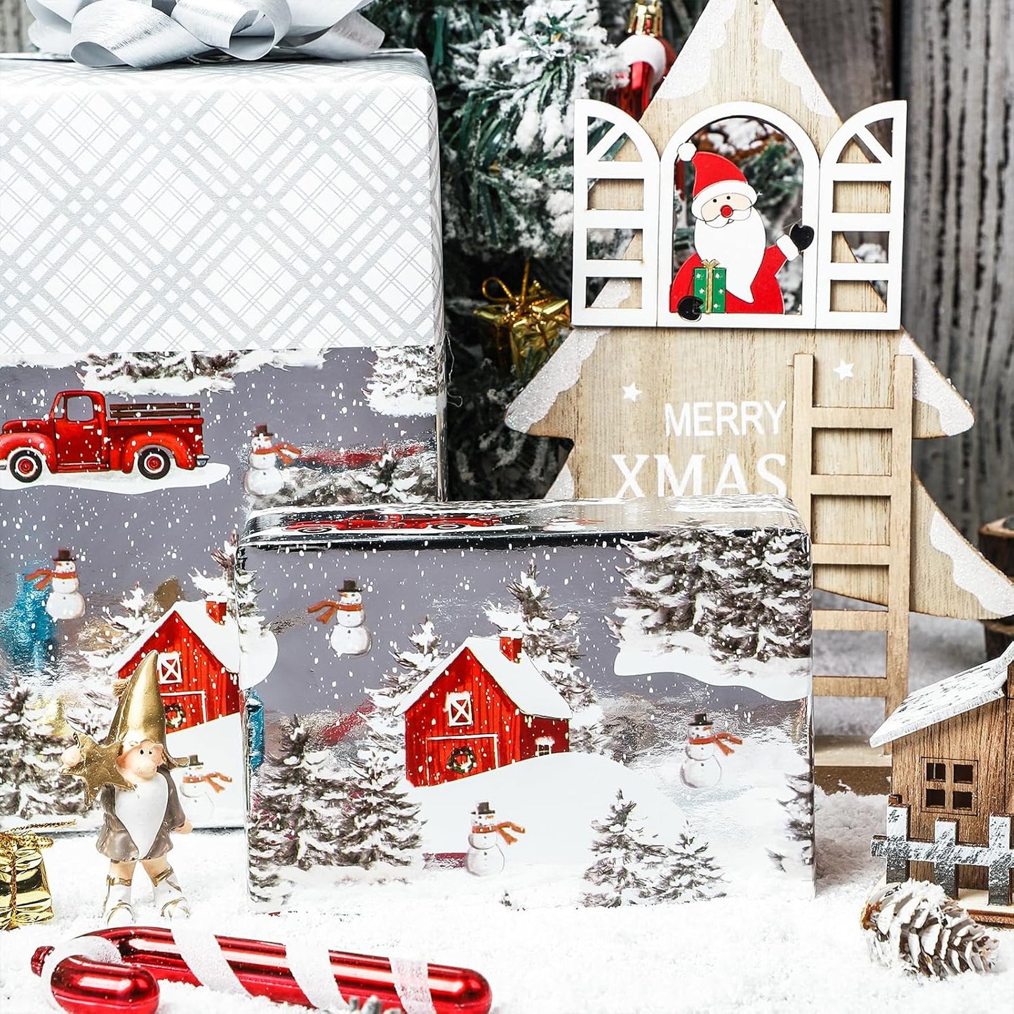 LeZakaa Christmas Silver Wrapping Paper Mini Roll for Boy Kid, Red Truck, Snowy Pine Forest & Grid Plaid, Silver Foil Reversible Design for Winter Holiday Family Gathering, 17 inches x 32.8 Feet