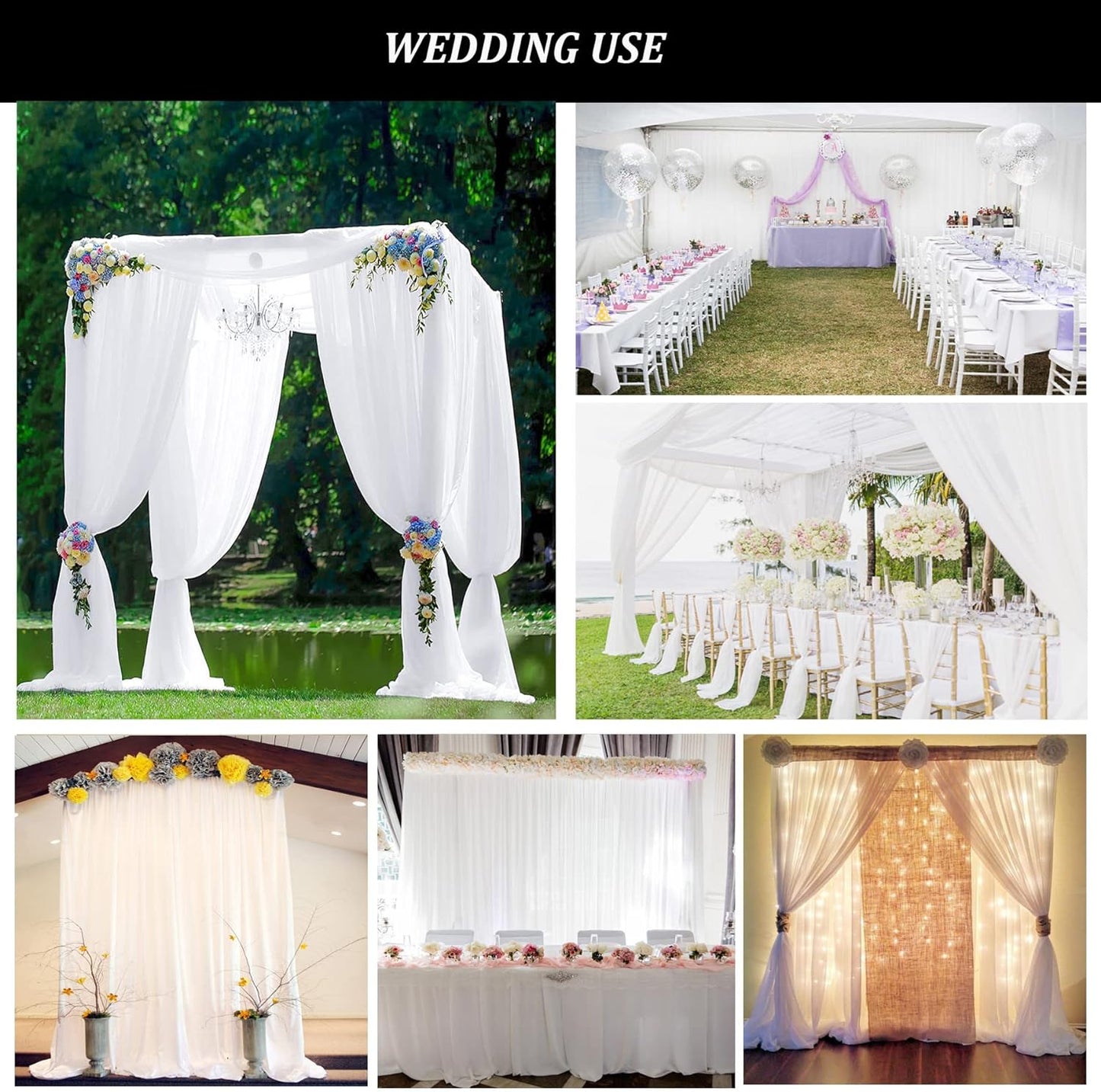 10ft x 10ft White Chiffon Backdrop Curtains, Wrinkle-Free Sheer Chiffon Fabric Photo Curtain Drapes for Wedding Ceremony Arch Party Stage Photography Decorations
