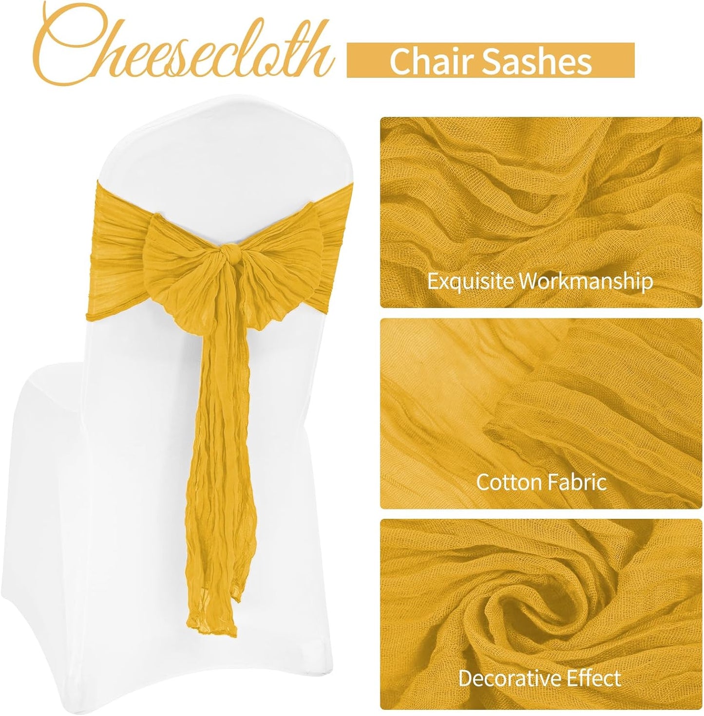 36 Pcs Mustard Yellow Cheesecloth Chair Sashes, 16 x 108 inch Gauze Fabric Washable Chair Sashes Bows Designed for Aisle Decorations Universal Chairs Cover Decor for Wedding Reception Party Banquet