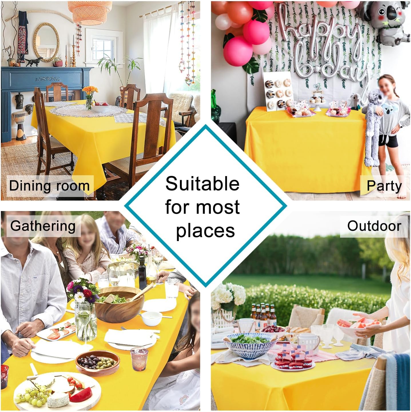 Hiasan Waterproof Tablecloth Rectangle - Washable Fabric Table Cloth for Dining Room Kitchen Birthday Party and Outdoor Use, Yellow, 70 x 108 Inch