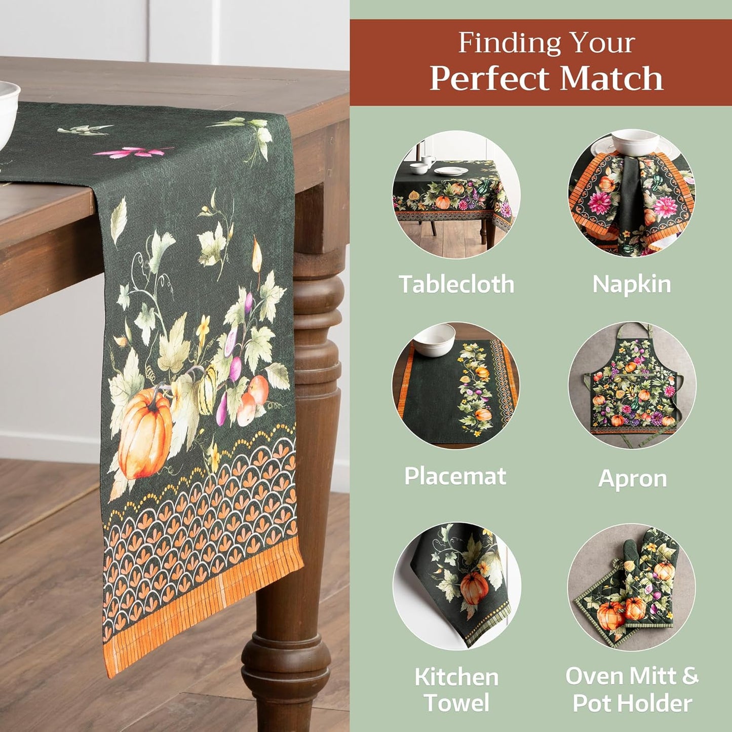 Maison d' Hermine Table runner 100% Cotton Single Layer Table Runners 72 inches long for Thanksgiving Christmas Decorations Home Kitchen Dining Party Wedding (Pumpkin Garden - Dark Green, 14.5" x 72")