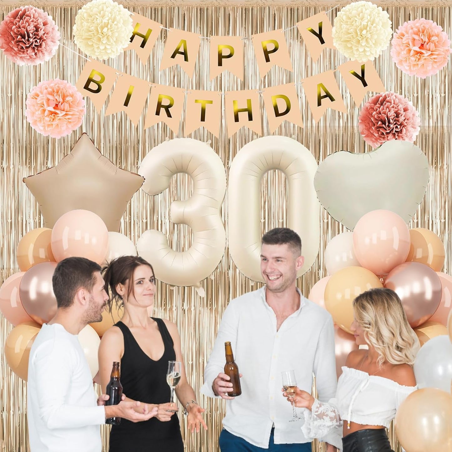 Beige 30th Birthday Decorations for Her Cream Number 30 Balloon Nude Gold Happy Birthday Banner Fringe Curtain Paper Pom Poms Blush White Sand Champagne Star Foil Balloons Neutral Boho Party Decor