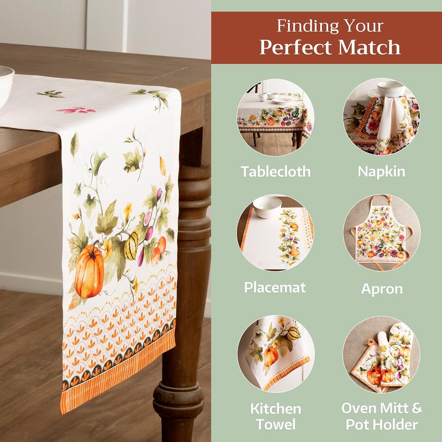 Maison d' Hermine Table Runner 100% Cotton Single Layer Table Runners 108 inches Long for Thanksgiving Christmas Decorations Home Kitchen Dining Wedding (Pumpkin Garden - Cloudy Cream, 14.5" x 108")