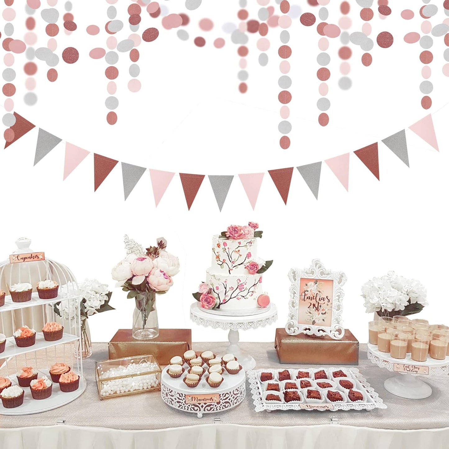 Rose-Gold Pink Silver Party Decorations - 52Ft Paper Streamer Women Girls Happy Birthday Decoration Baby Bridal Shower Garland Bachelorette Banner Engagement Brunch Mothers Day Decor