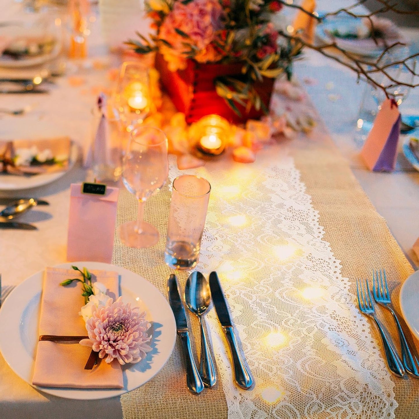 Xinnun 6 Pcs Burlap Table Runner with Lights 12 x 108 Inches Burlap Lace Table Runner Rustic Wedding Decorations Home Party (Flower)