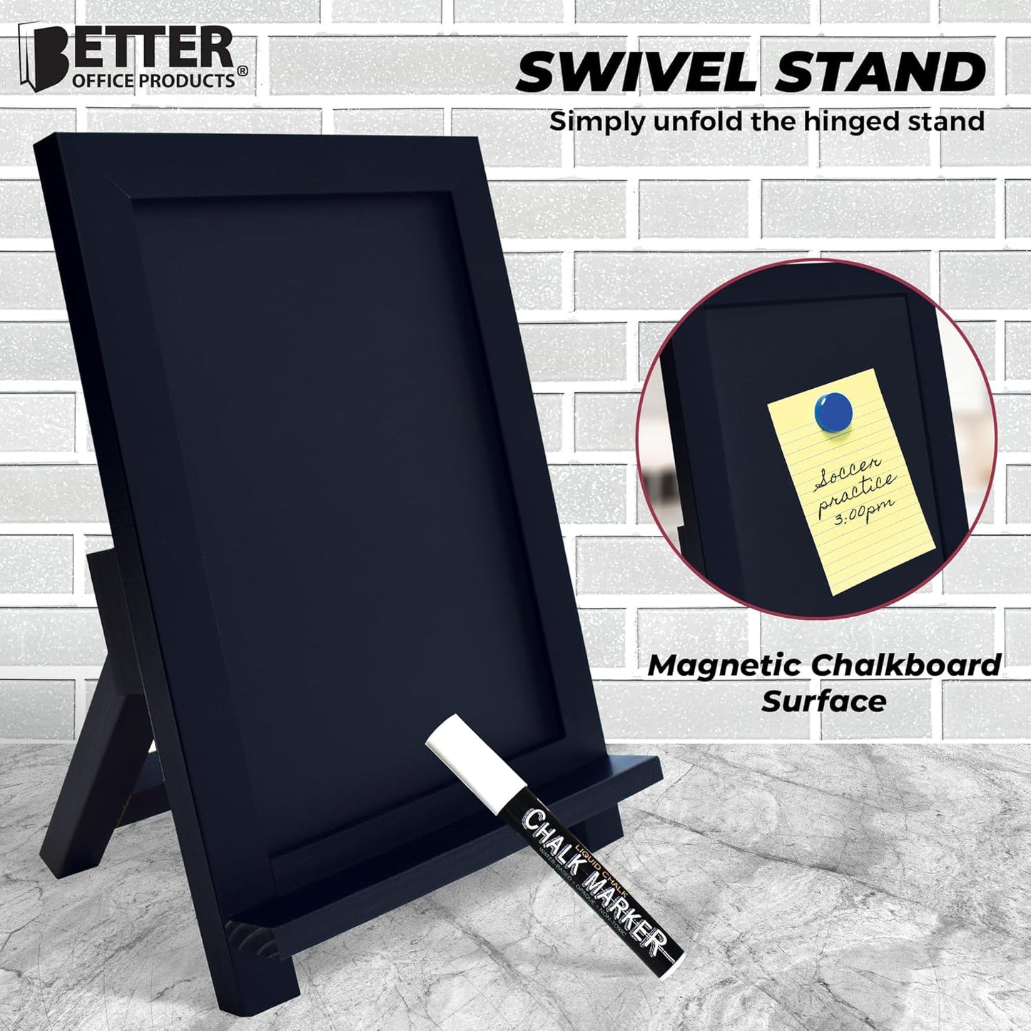Framed Tabletop Chalkboard Sign, 9.5" x 14", Rustic Wood Frame, Small Magnetic Chalkboard with Built-in Ledge, Folding Stand, & One White Chalk Marker, by Better Office Products (Solid Black)