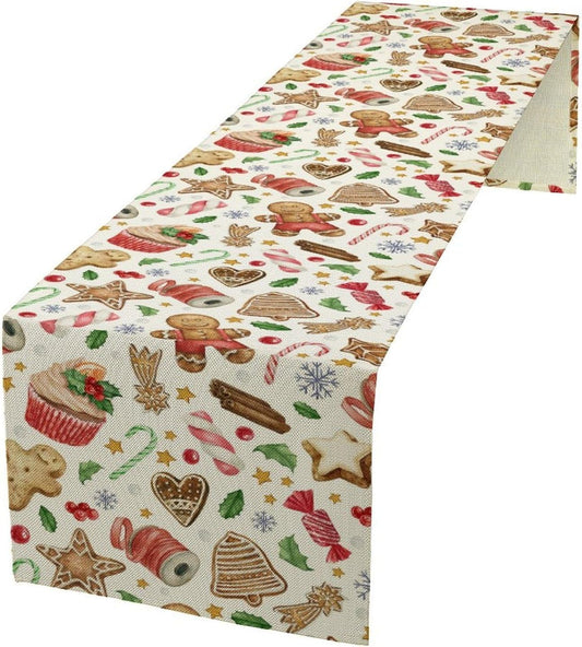 Christmas Table Runner, Christmas Gingerbread New Year Xmas Table Cloth Kitchen Dining Table Decoration for Home Party Decor 13x120 Inch
