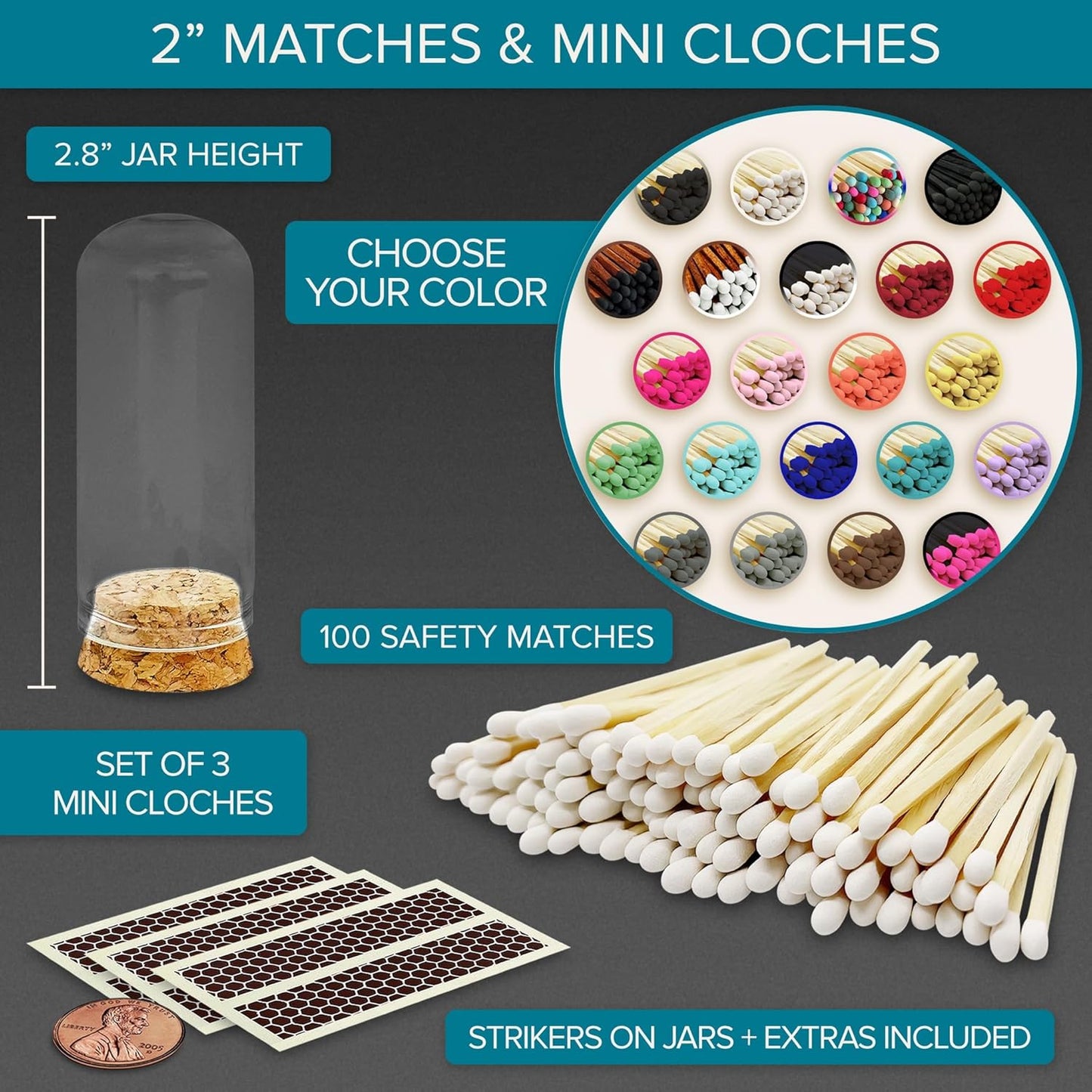 2" Matches in 3 Mini Glass Cloche Jars + Striker Stickers Included | 100 Matchsticks Color of Your Choice | Decorative Safety Matches w/a Dome Glass Holder | Gifts & Home Decor by Thankful Greetings