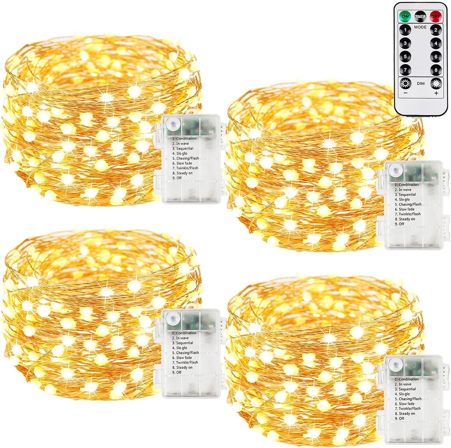 4Pack 80Ft 240LED Fairy Lights Battery Operated with Remote, Waterproof String Lights with Timer for Indoor & Outdoor, Twinkle Lights Battery Powered for Bedroom Christmas Decorations (Warm White)