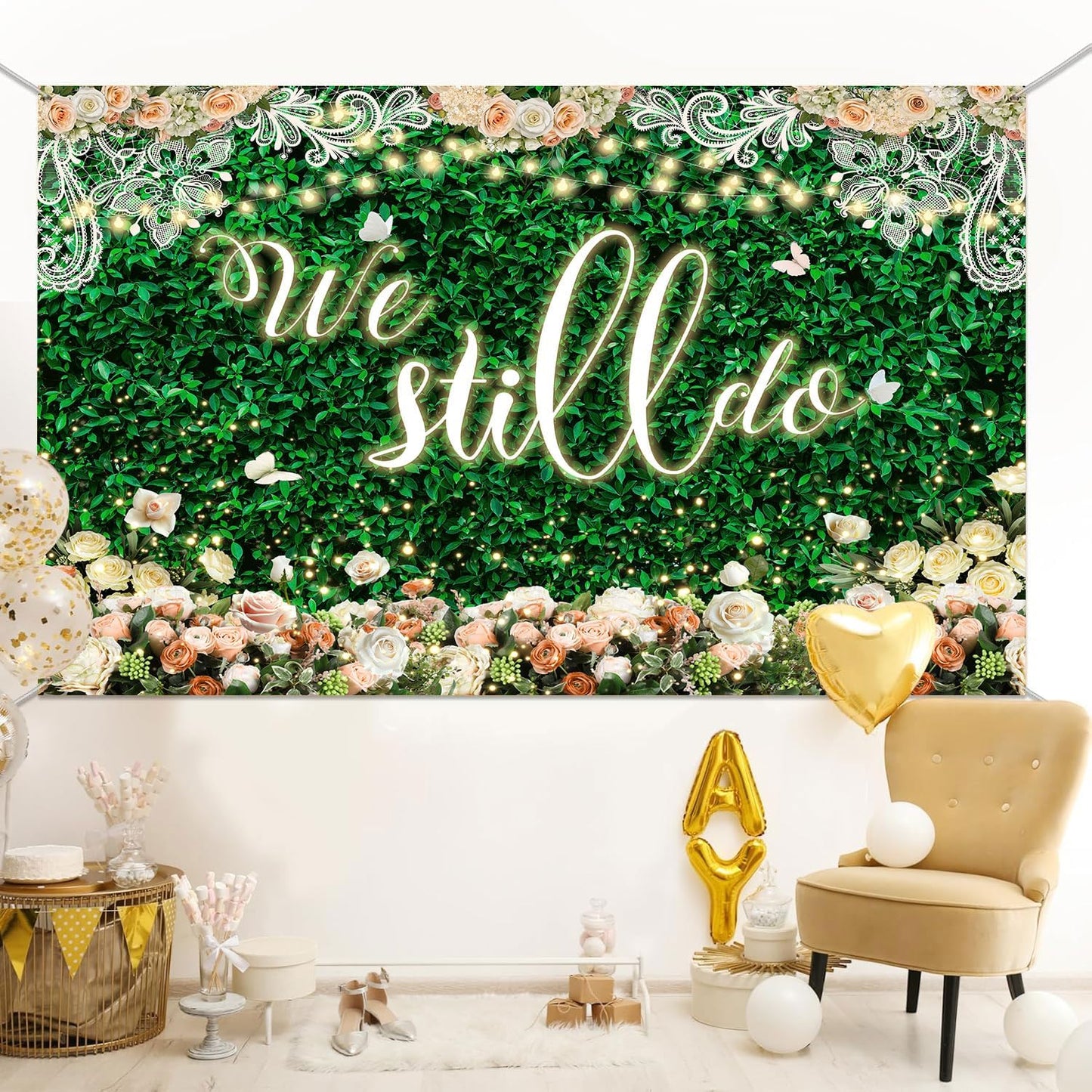 We Still Do Backdrop Green Leaves Lace Wedding Anniversary Photography Background Engagement Vow Renewal Bachelorette Party Decoration Banner Photo Booth Studio Props 7x5ft FU032YL