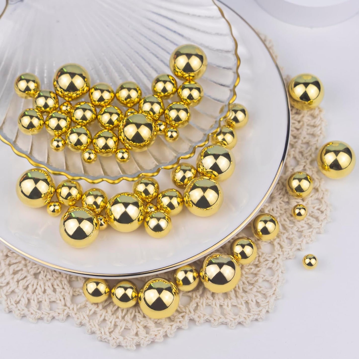 300Pcs Brightgold Polished No Hole Faux Pearl Beads for Vase Filling Decorations, Plastic Pearls Vase Fillers, Table Scatters, Wedding Centerpiece, Home Decor, 8/14/20 mm