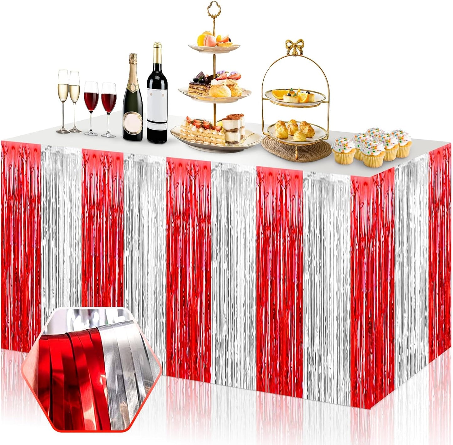 3 Pack 29x108 Inch Red Silver Foil Fringe Table Skirts Metallic Banner for Tinsel Streamer Garland Backdrop for Parade Floats Wedding Thanksgiving Birthday Christmas Halloween Party Decoration