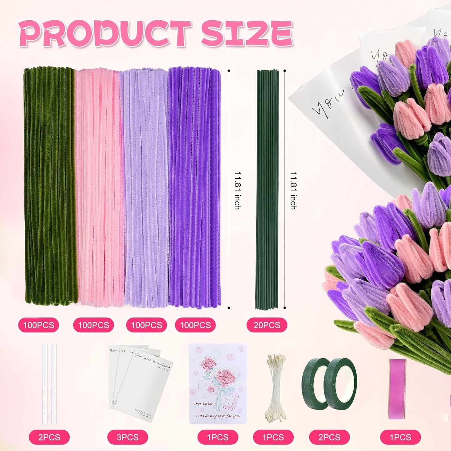 400 Pcs Chenille Stems Flowers Craft Kit,4 Colors Soft Pipe Cleaners Bulk for DIY Floral Arrangements with Floral Wires, Gardening Tape,Hot Glue Stick,Greeting Card,Bouquet Paper, Stamen & Ribbon