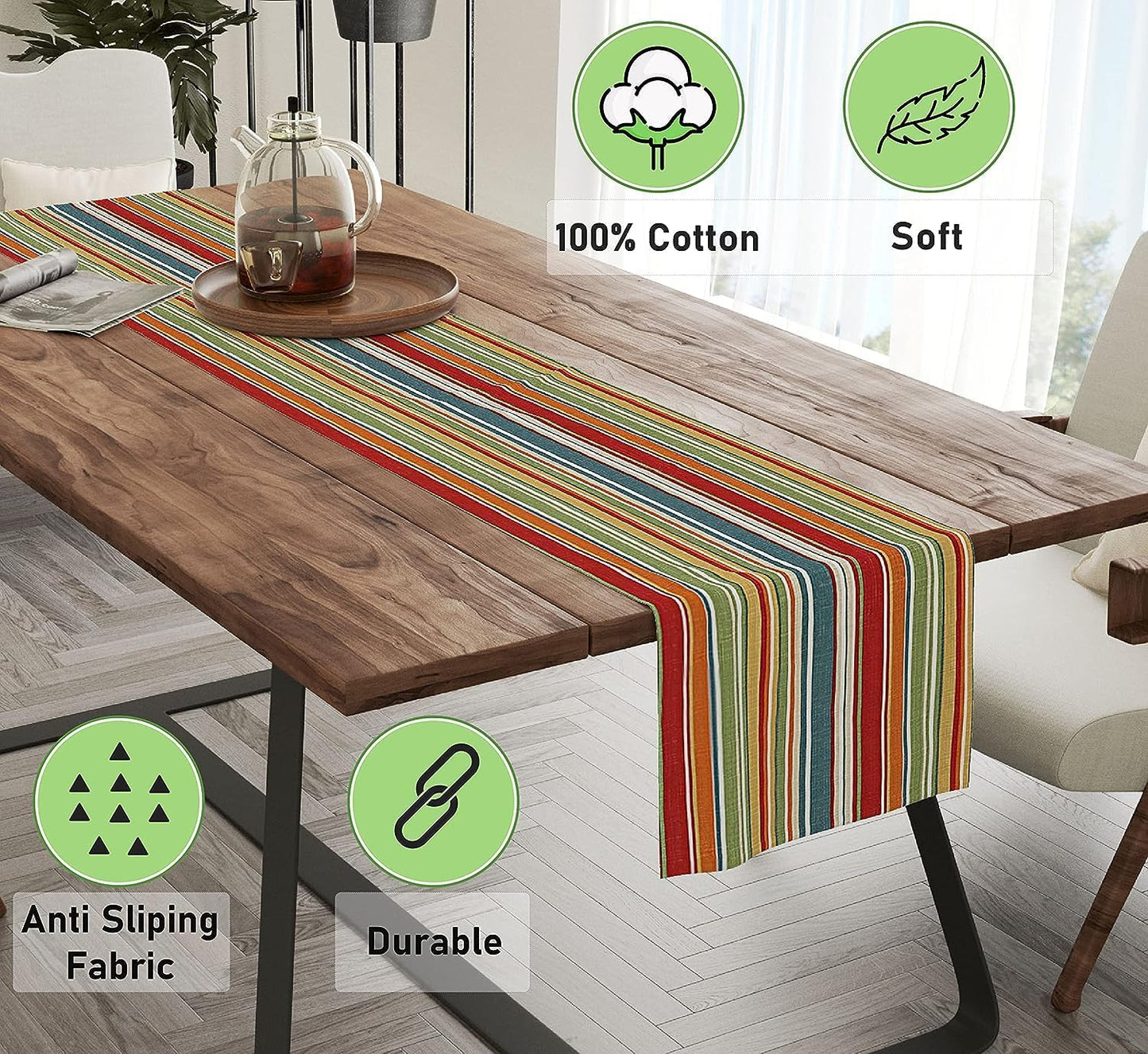 Ruvanti 100% Cotton Table Runner 48 Inches Long, Non-Slip, Stain Resistant, Washable & Reusable Table Runners Perfect for Wedding, Parties, Christmas, Holiday, in-Door use - Multi Stripe