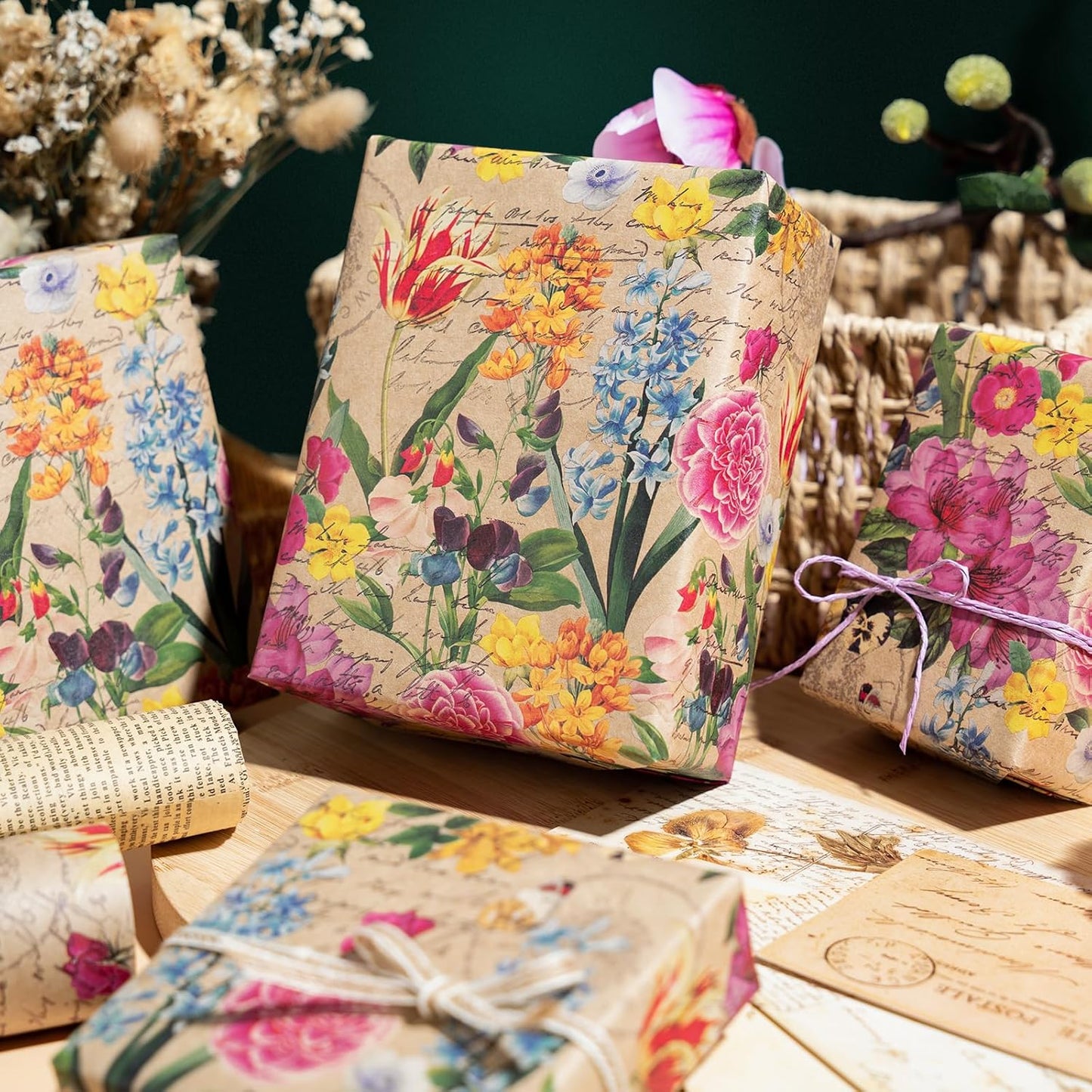 WRAPAHOLIC Kraft Floral Wrapping Paper Roll - Mini Roll - 17 Inch x 9.8 Feet - All Occasion Vintage Flower Wrapping Paper for Wedding Bridal Shower Birthday