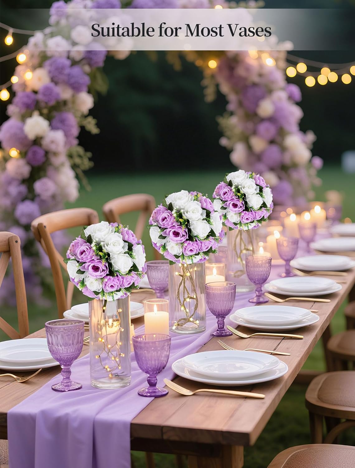 BLOSMON Lilac Purple Flowers Artificial: 2 Pcs Fake Roses Flower Balls Centerpiece for Wedding Table Decoration- Artificial Silk Kissing Bouquet Floral Arrangement for Home Party Event Decor