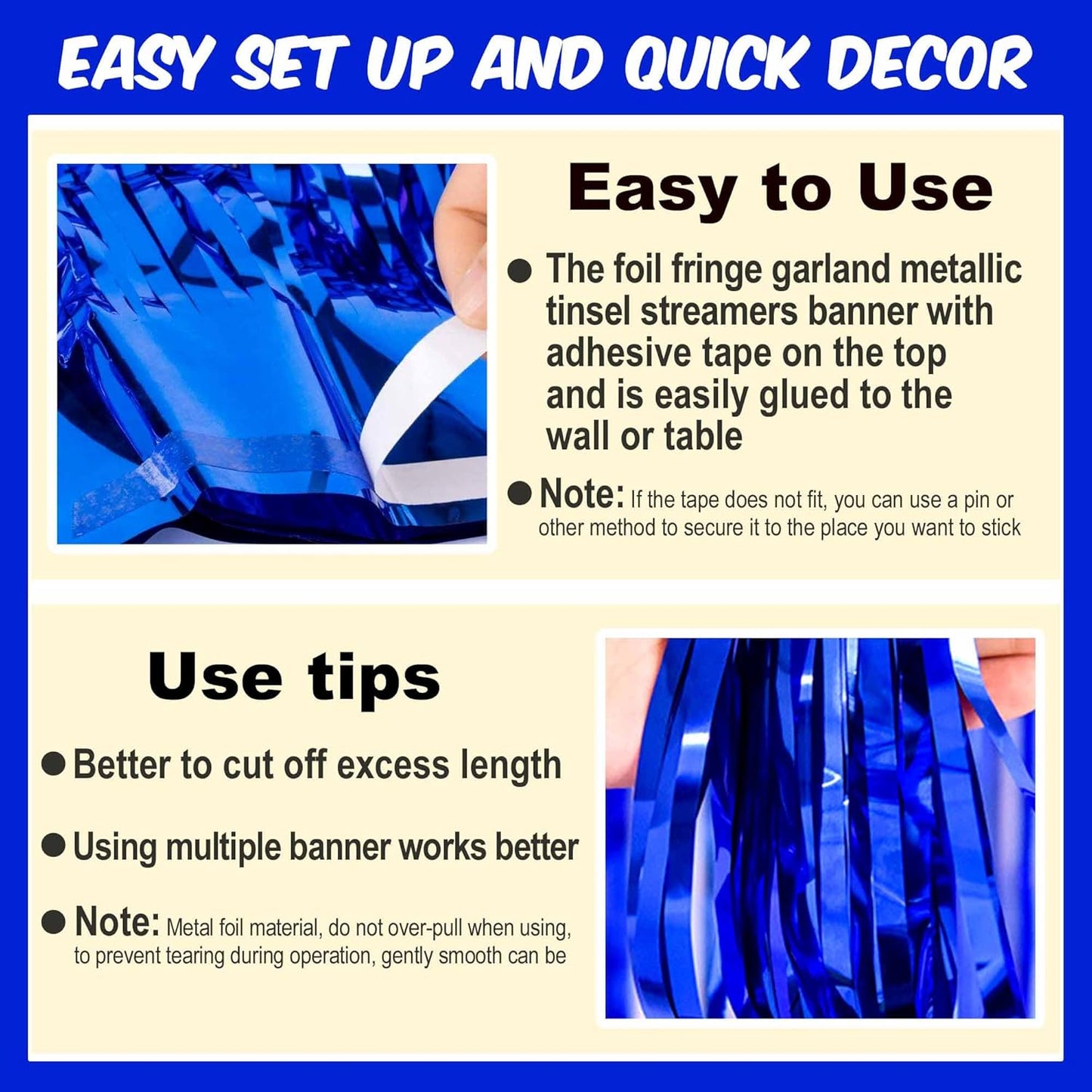 4 Pack 10 Ft Blue Foil Fringe Garland Metallic Streamers Tinsel Banner Wall Hanging Garland Backdrop for Parade Floats, Halloween, Christmas, Thanksgiving, New Year Party Decorations