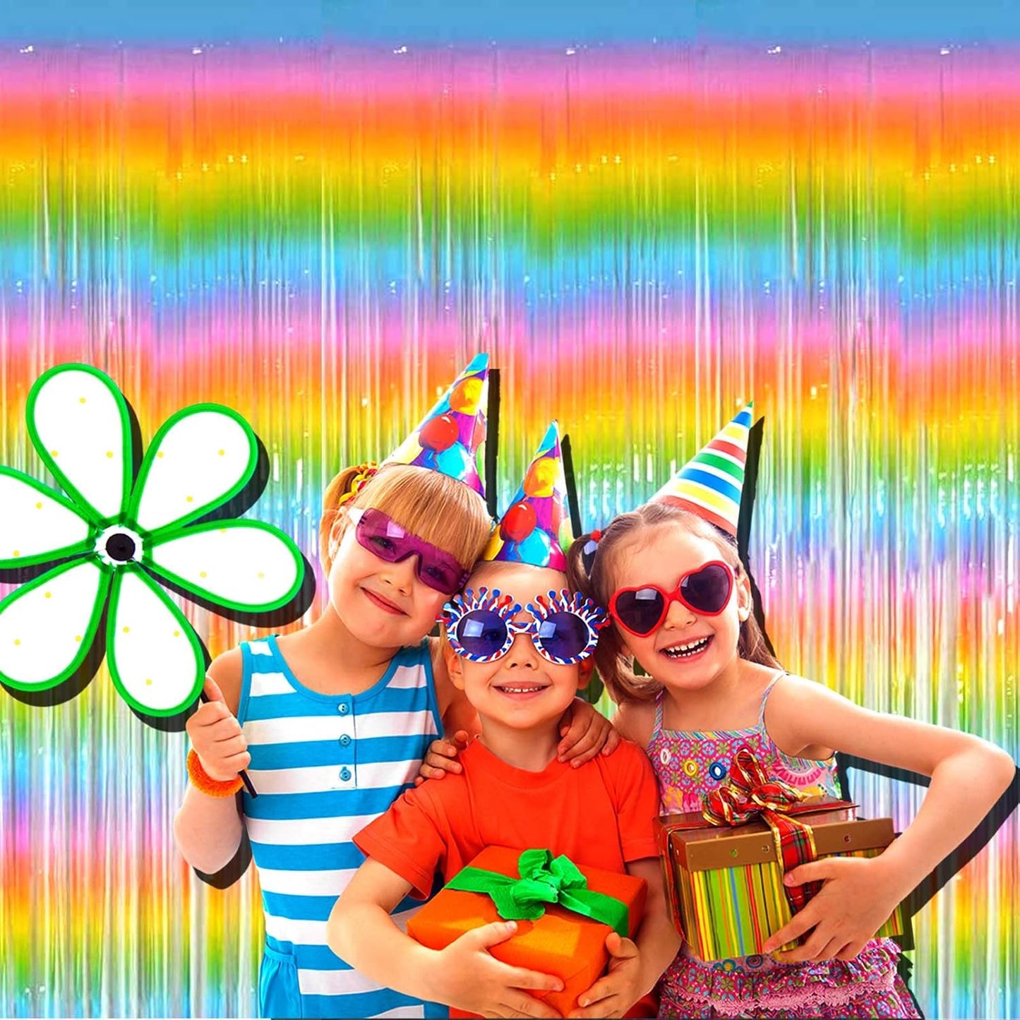 4 Pack Macaron Rainbow Foil Fringe Curtain Backdrop, 3.28Ft x 8.2Ft Metallic Tinsel Foil Fringe Streamer Curtains for Photo Booth, Birthday, Wedding, New Year’s, Easter Decorations Party Supplies