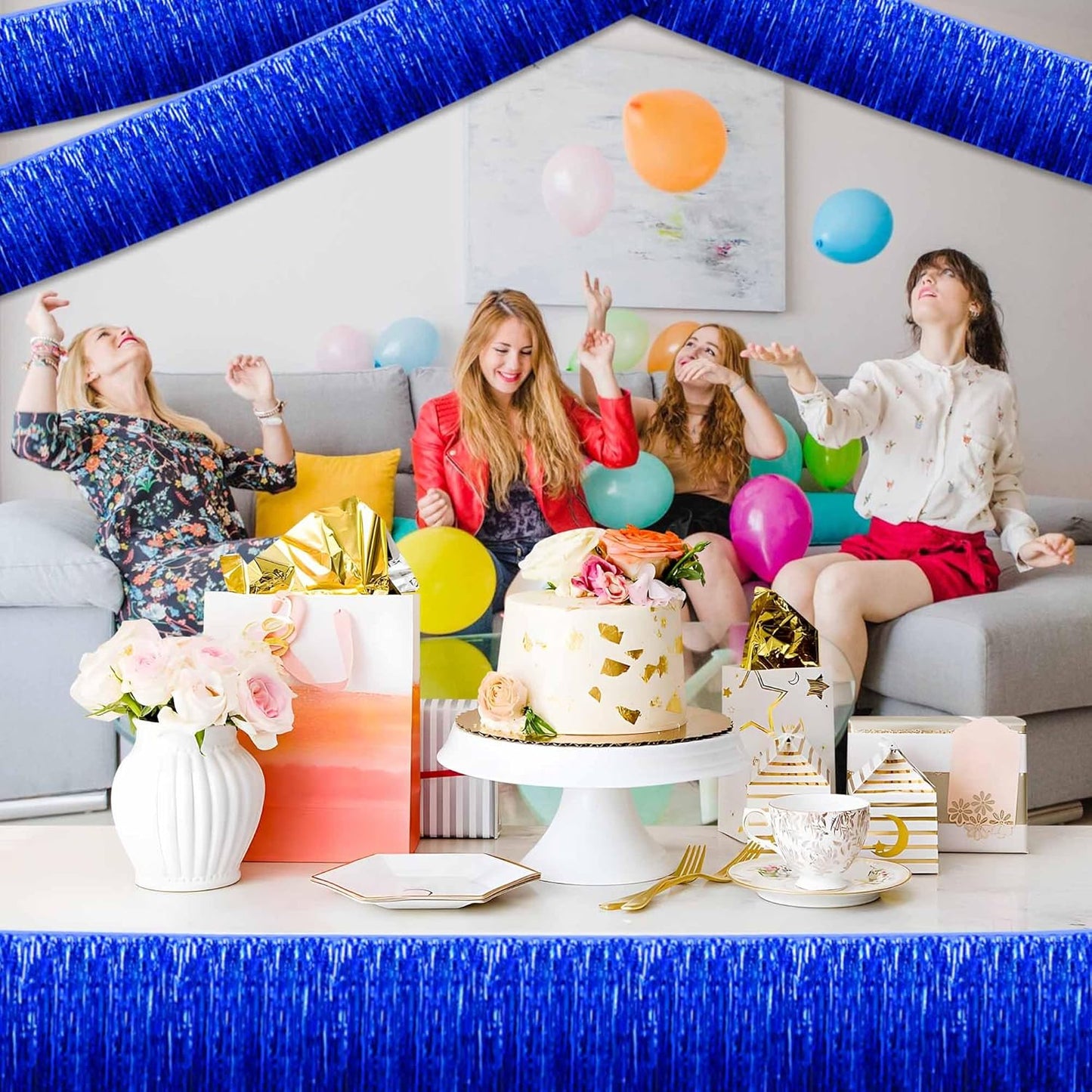 6 Pack 10 Ft Blue Foil Fringe Garland Metallic Streamers Tinsel Banner Wall Hanging Garland Backdrop for Parade Floats, Halloween, Christmas, Thanksgiving, New Year Party Decorations