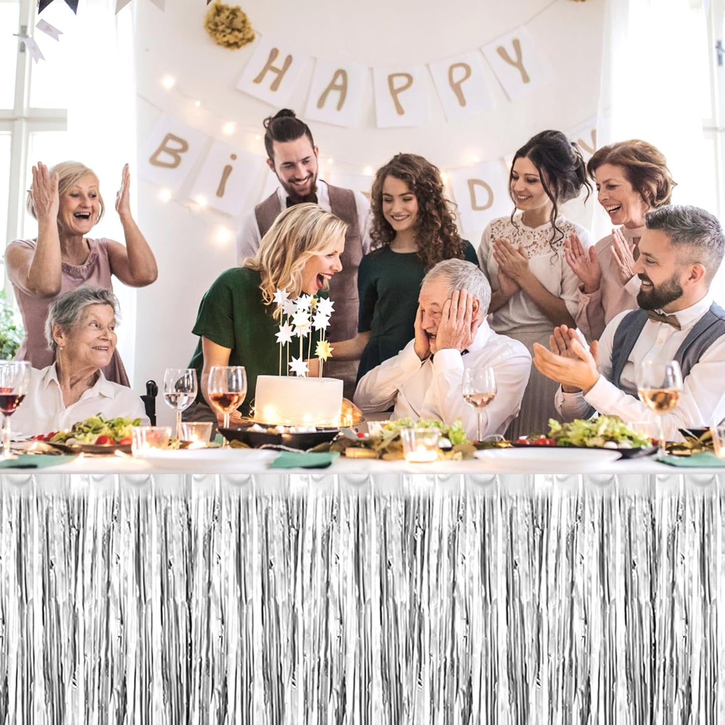 3 Pack 29 x108 Inch Silver Foil Fringe Table Skirts Metallic Banner for Tinsel Streamer Garland Backdrop for Parade Floats Wedding Thanksgiving Birthday Christmas Halloween New Year Party Decoration