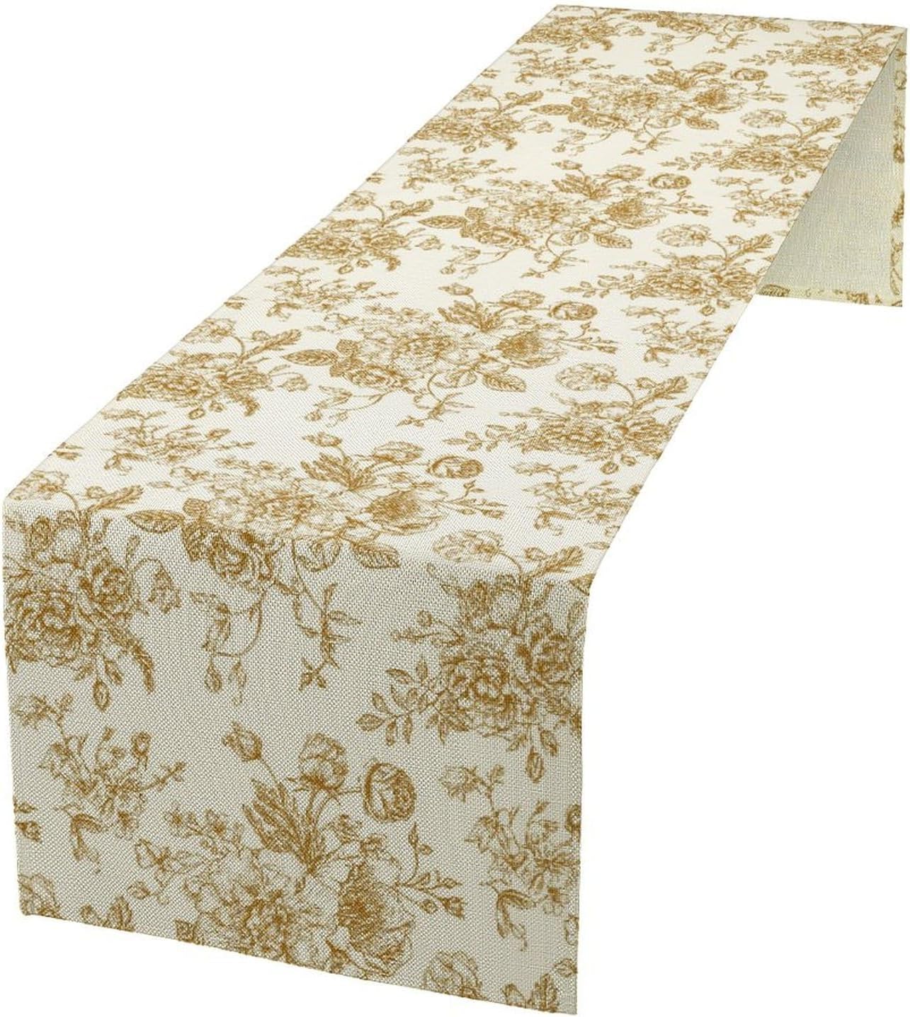 Retro Floral Table Runner, Golden White Wildfloral Sketch Print Kitchen Dinning Table Runner for Indoor Outdoor Home Wedding Party Holiday, 13x60 Inch