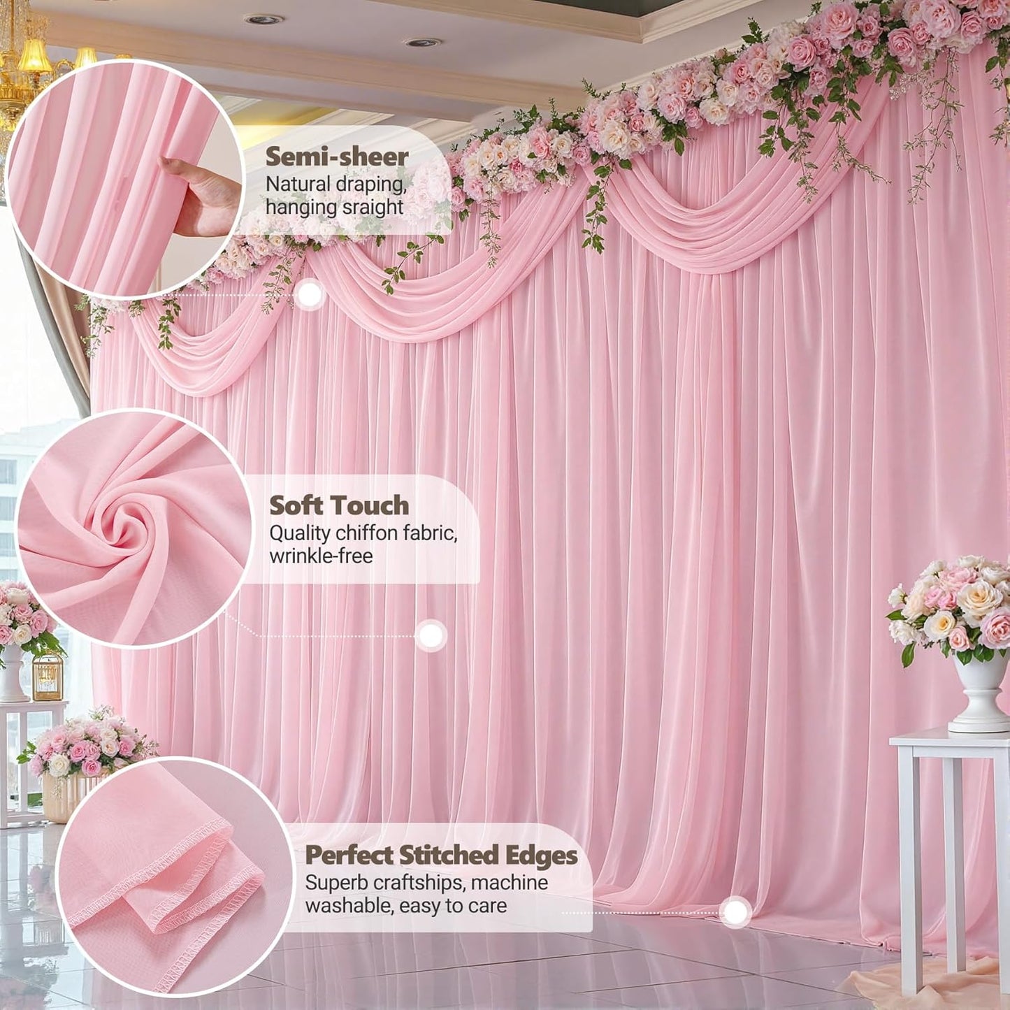 10ft x 10ft Peach Pink Backdrop Curtains, Wrinkle-Free Sheer Chiffon Fabric Photo Backdrop Drapes for Wedding Arch Party Ceremony Stage Photography Decorations