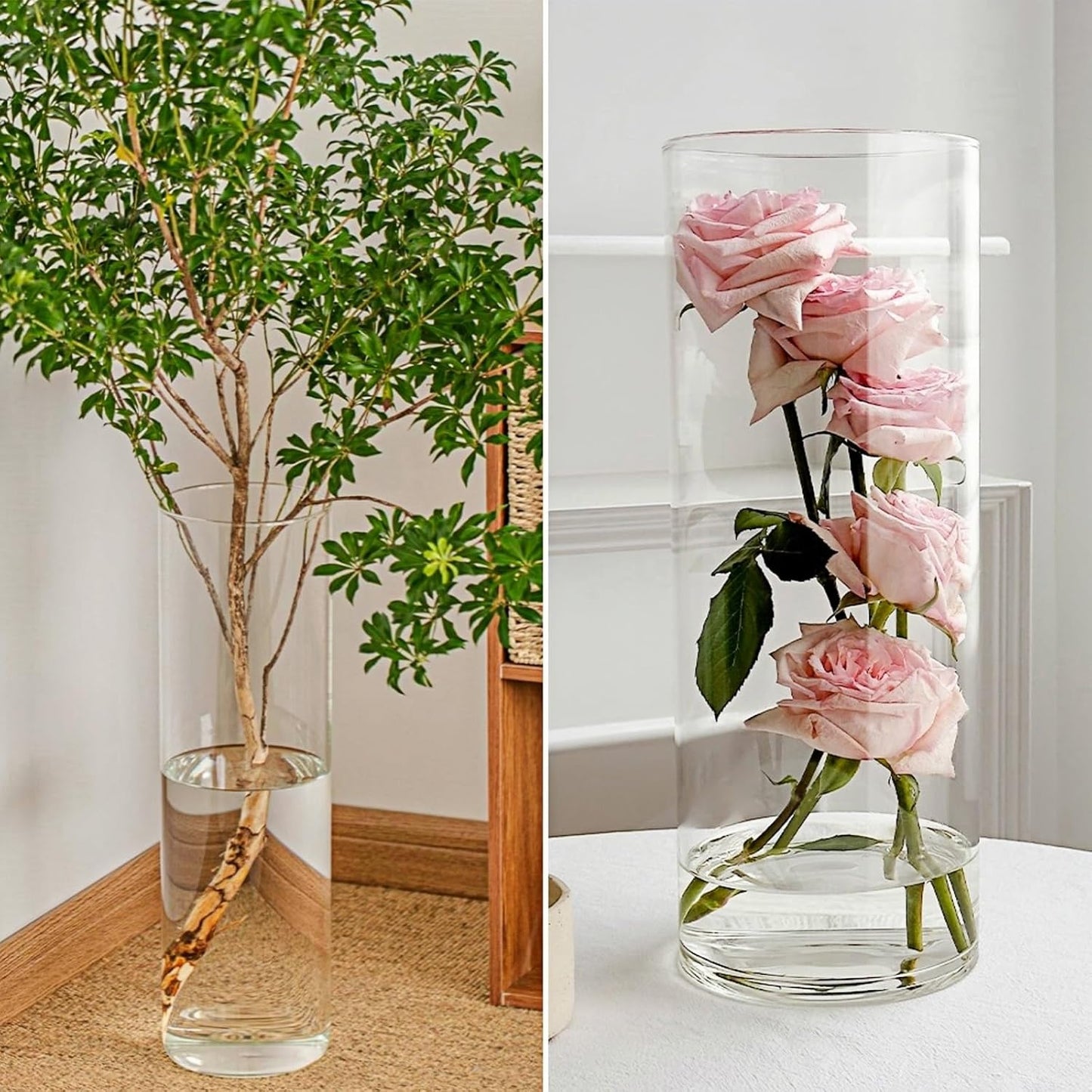 3 Large Acrylic Cylinder Clear Vase for Centerpieces, Hurricane Unbreakable Tall Big Wide Mouth Flower Vases for Birthday Wedding Bouquet Decor (D 6" X H 15.8", D 4.8", D 4" + 3 Holder)
