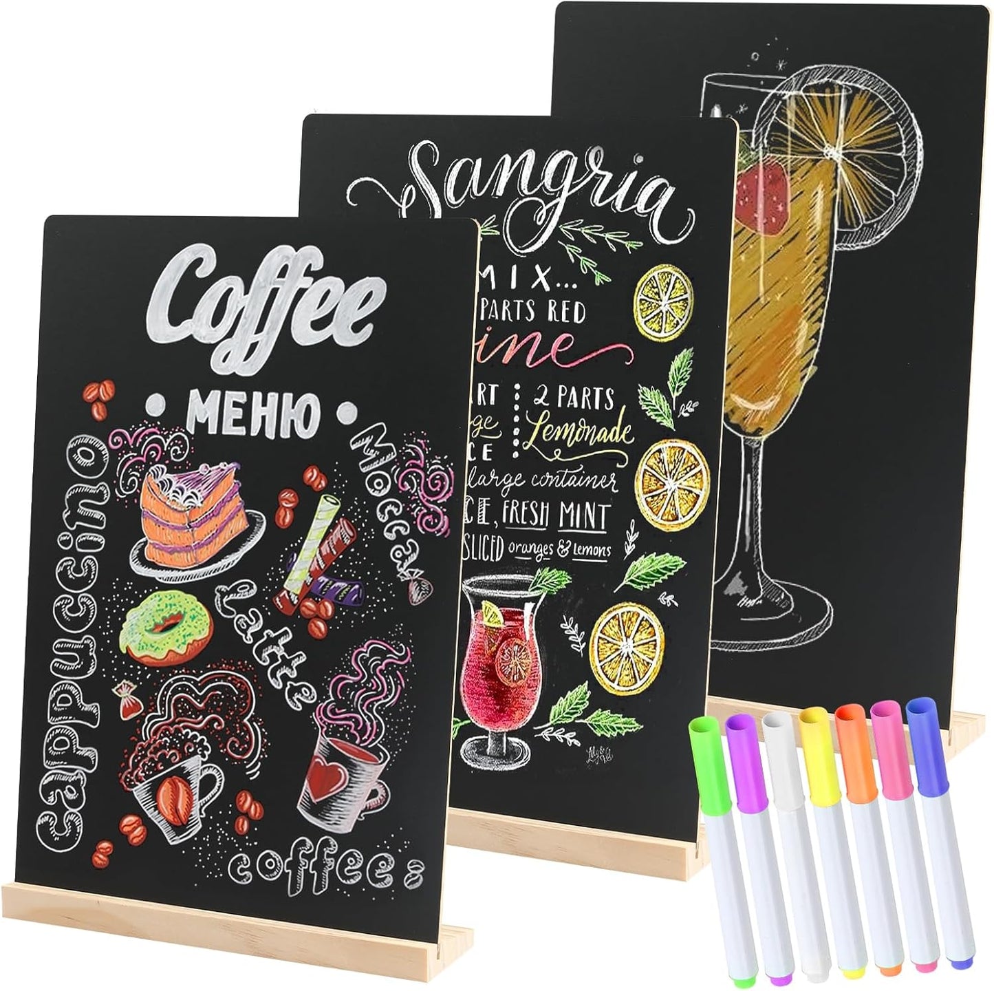 Double-Sided Small Chalkboard Signs (8 x 12 Inch) - Set of 3 with Stand & 7 Liquid Chalk Markers | Vintage Decorative Mini Tabletop Message Boards for Home & Events
