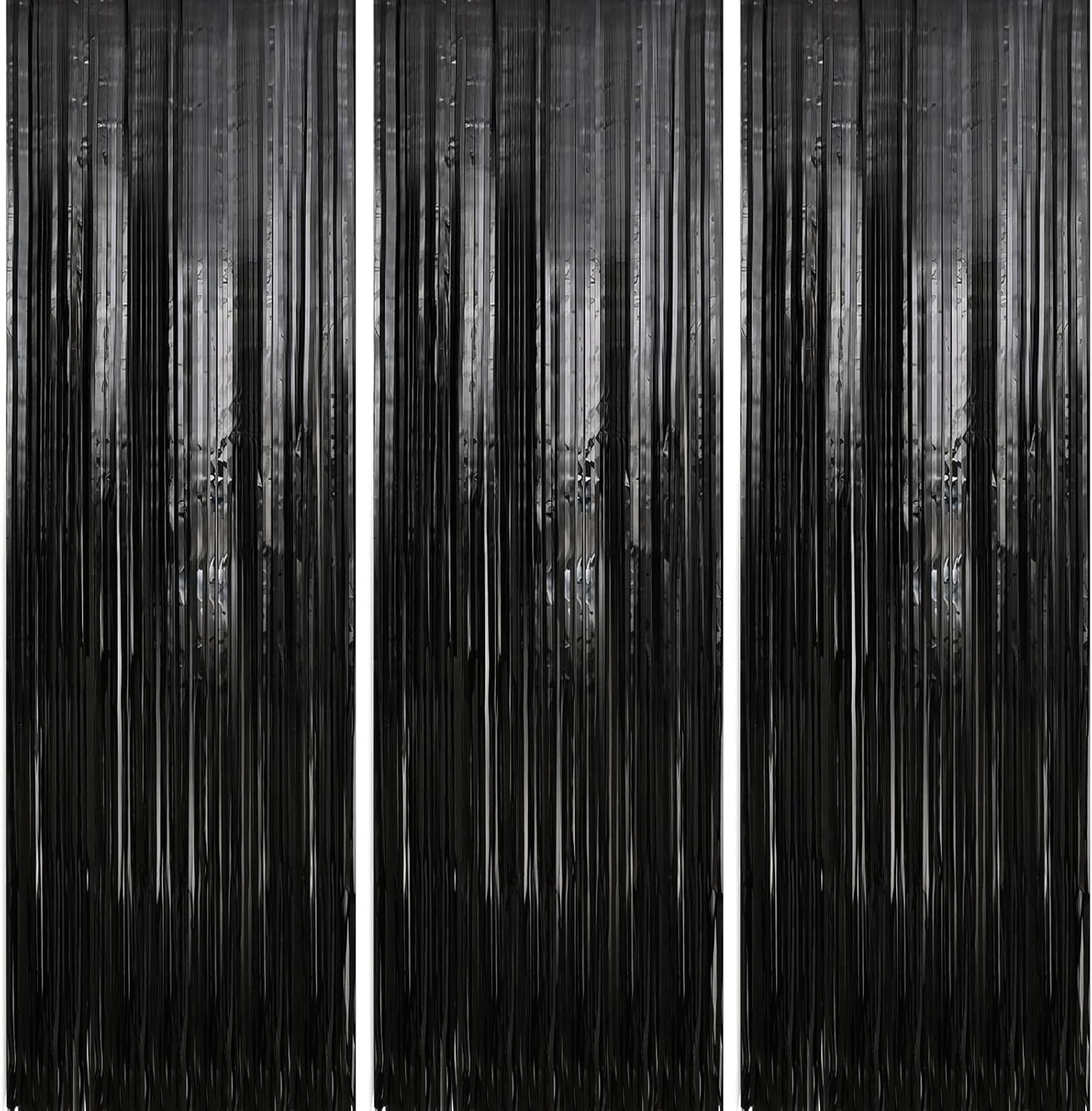 Crosize 3 Pack 3.3 x 9.9 ft Black Foil Fringe Backdrop Streamer Curtains, Birthday Party Decorations, Tinsel Curtain for Parties, Photo Booth Backdrops, Party Decor