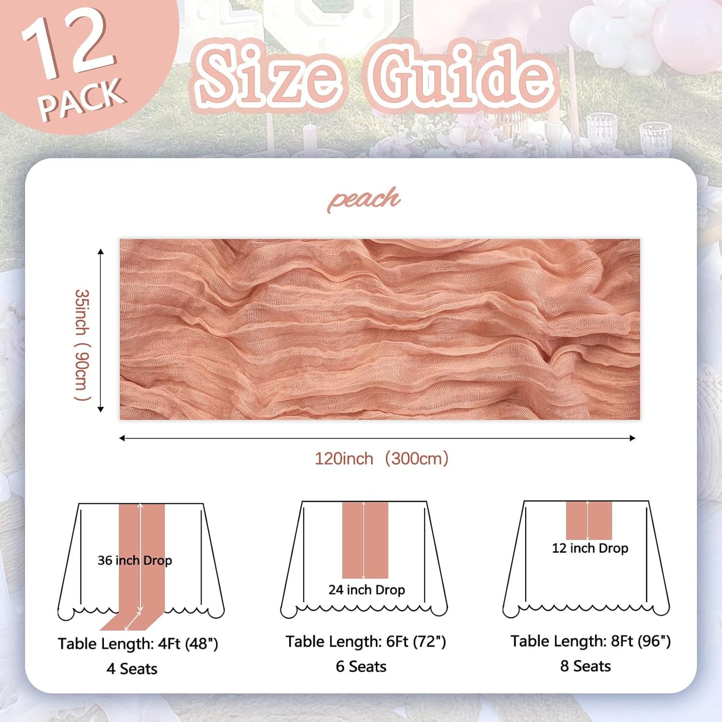 12 Pack Peach Cheesecloth Table Runner 10ft Boho Gauze Fabric Cheese Cloth Table Runner 35 x 120 Inch Rustic Sheer Runner for Romantic Wedding Decor Baby Shower Party Table Centerpiece Decoration