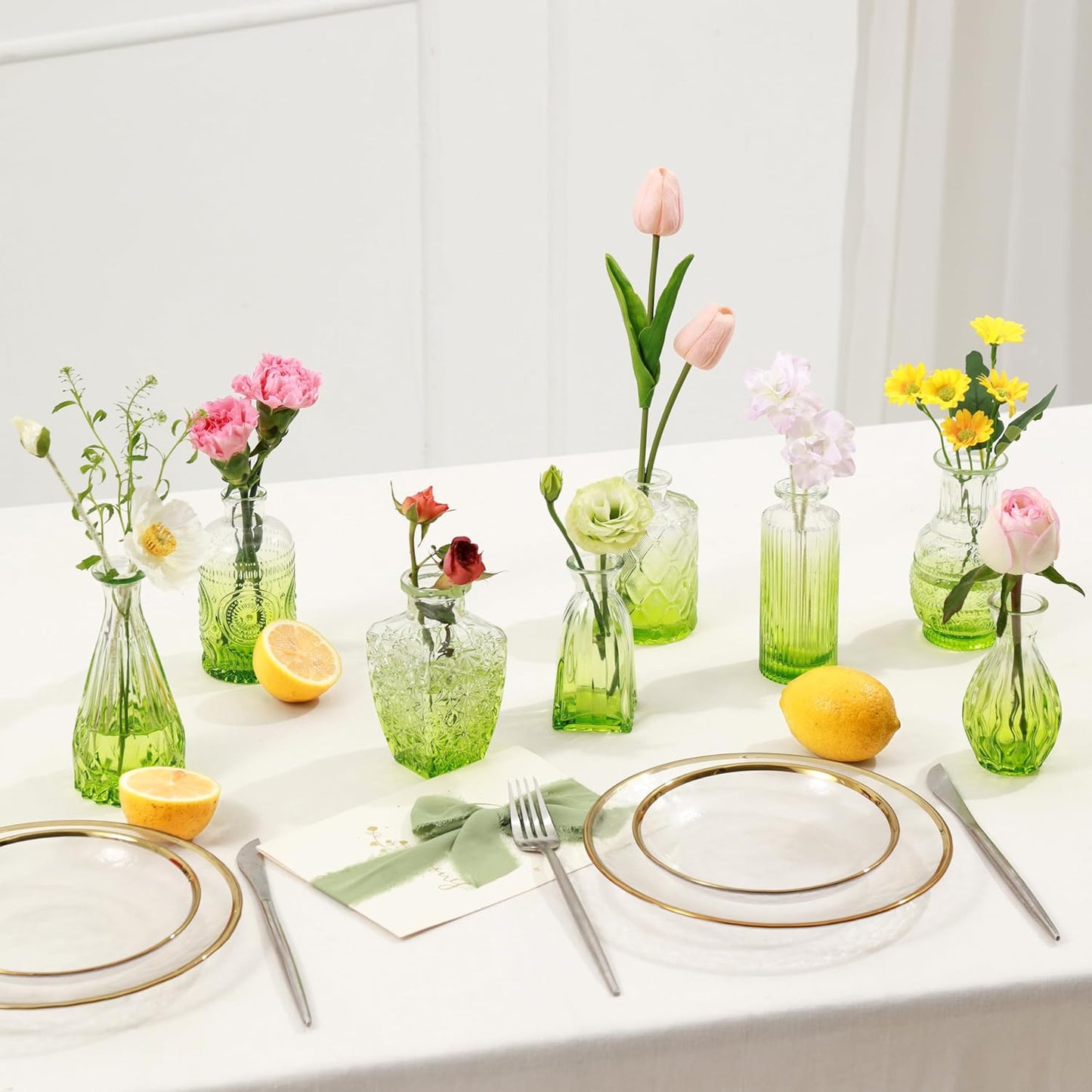 Vintage Small Glass Vases Set of 10,Mini Bud Vases for Flowers,Amber Glass Vases for Centerpieces,Wedding Decorations,Home Table Flower Decor (Olive Green)