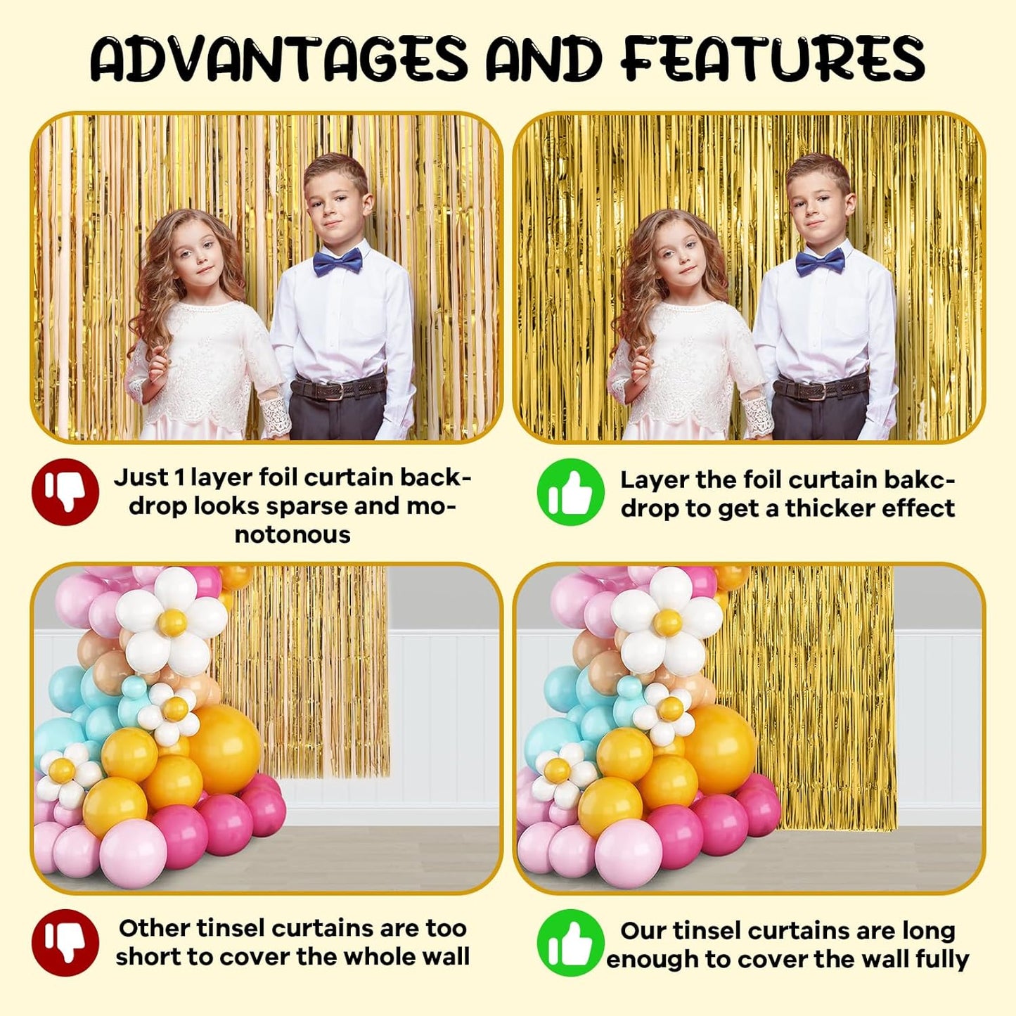 2 Pack Gold Foil Fringe Backdrop Curtains, Tinsel Streamers Birthday Party Decorations, Fringe Backdrop for Graduation, Baby Shower, Gender Reveal, Disco Party