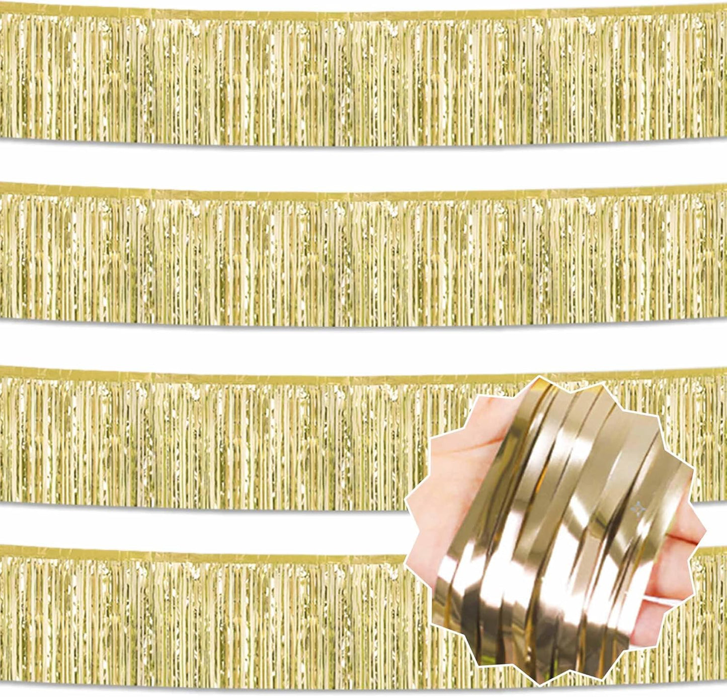 4 Pack 10 Ft Light Gold Foil Fringe Garland Metallic Streamers Tinsel Banner Wall Hanging Garland Backdrop for Parade Floats, Halloween, Christmas, Thanksgiving, New Year Party Decorations
